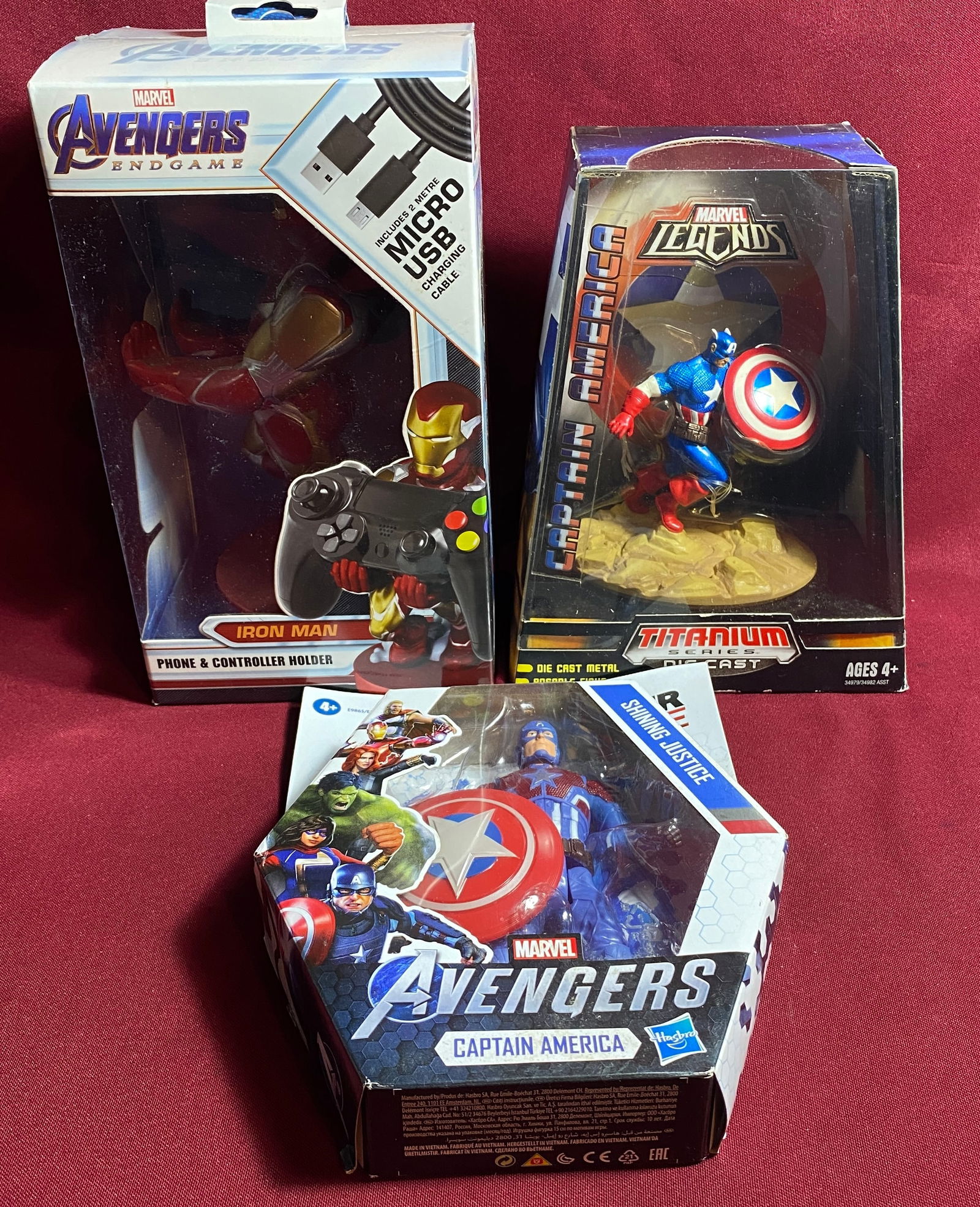 Three Marvel Avengers Figures - Two Captain American Titanium Series Die Cast & Shining Justice and (1 of 11)