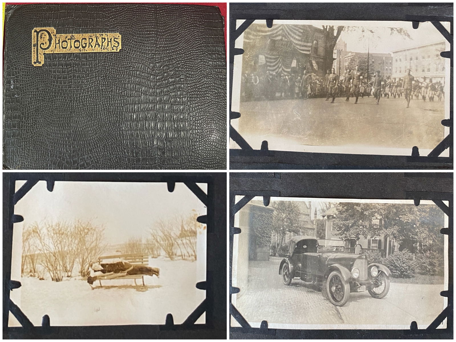 Small Black Photo Album Full of Early Photographs - Military Parade (WWI), Cars, Street Scenes,: Small Black Photo Album Full of Early Photographs - Military Parade (WWI), Cars, Street Scenes, Americana