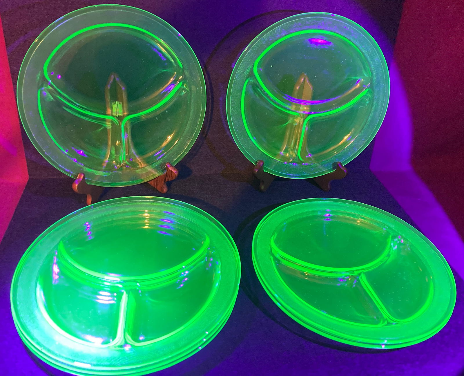 Seven Older Uranium Glass Sectional Plates: Seven Older Uranium Glass Sectional Plates