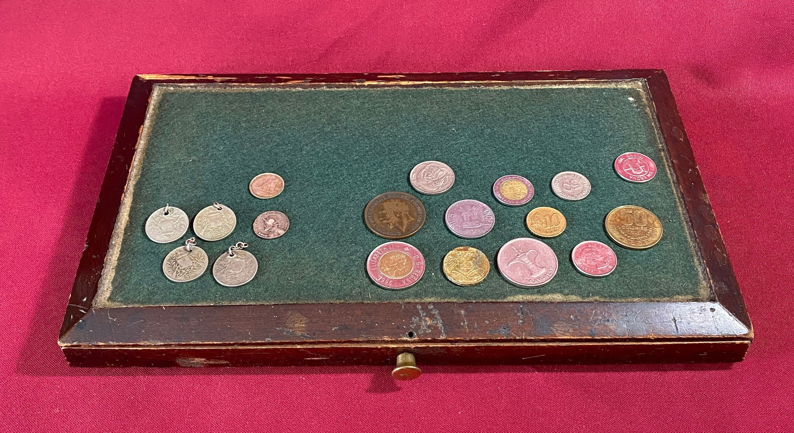 Older Wooden Box with Foreign Coins, Pendants Made from Old Foreign Coins - Some Possible Silver (1 of 8)