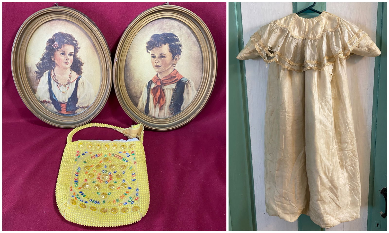 Older and Vintage Items - Two Framed Older Pictures, Christening Dress (with Holes), Beaded Bag (1 of 16)