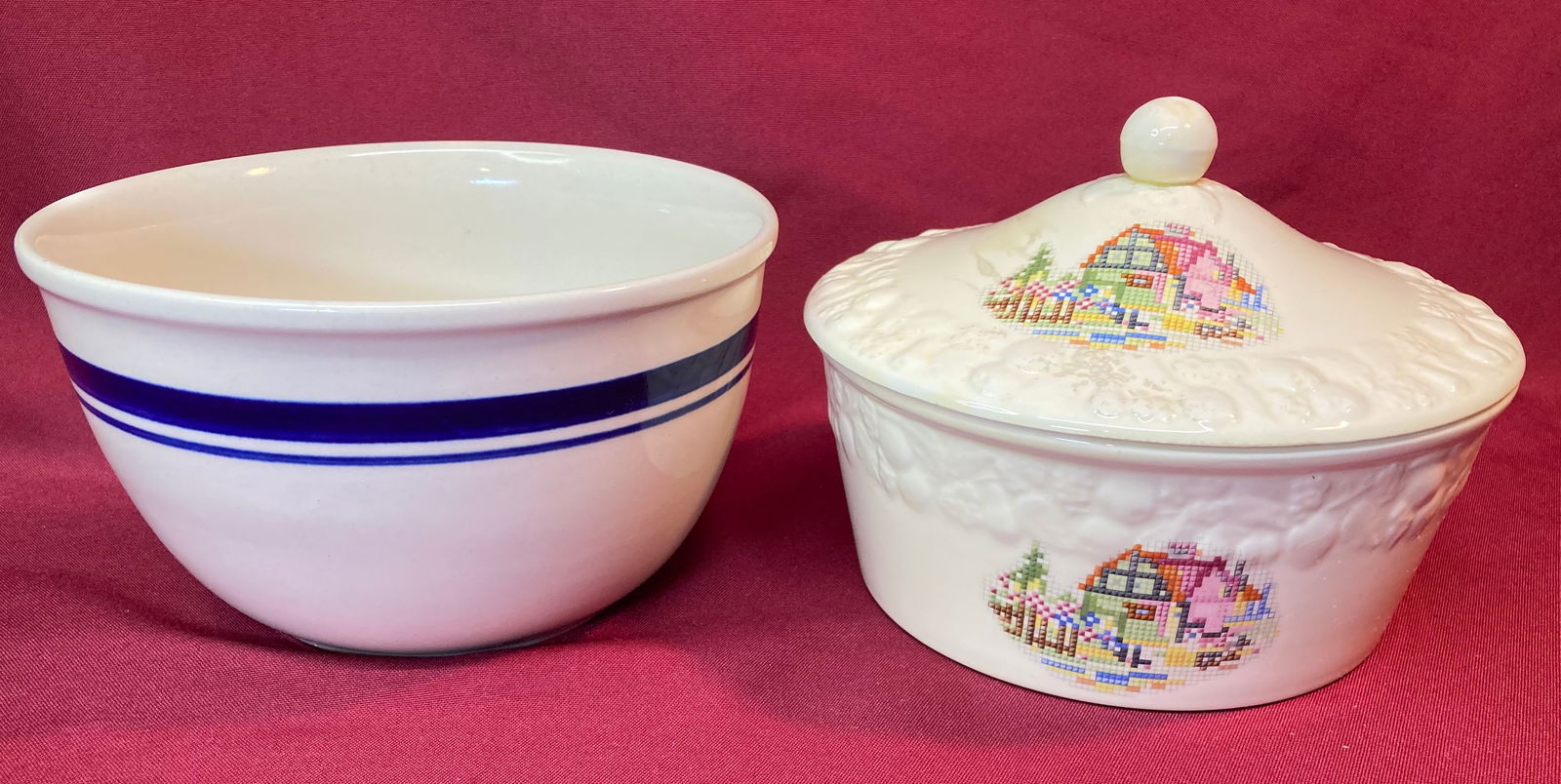 Two 8" Dishes - (1) Covered Casserole Needlepoint Pattern & Mixing Bowl: Two 8" Dishes - (1) Covered Casserole Needlepoint Pattern & Mixing Bowl
