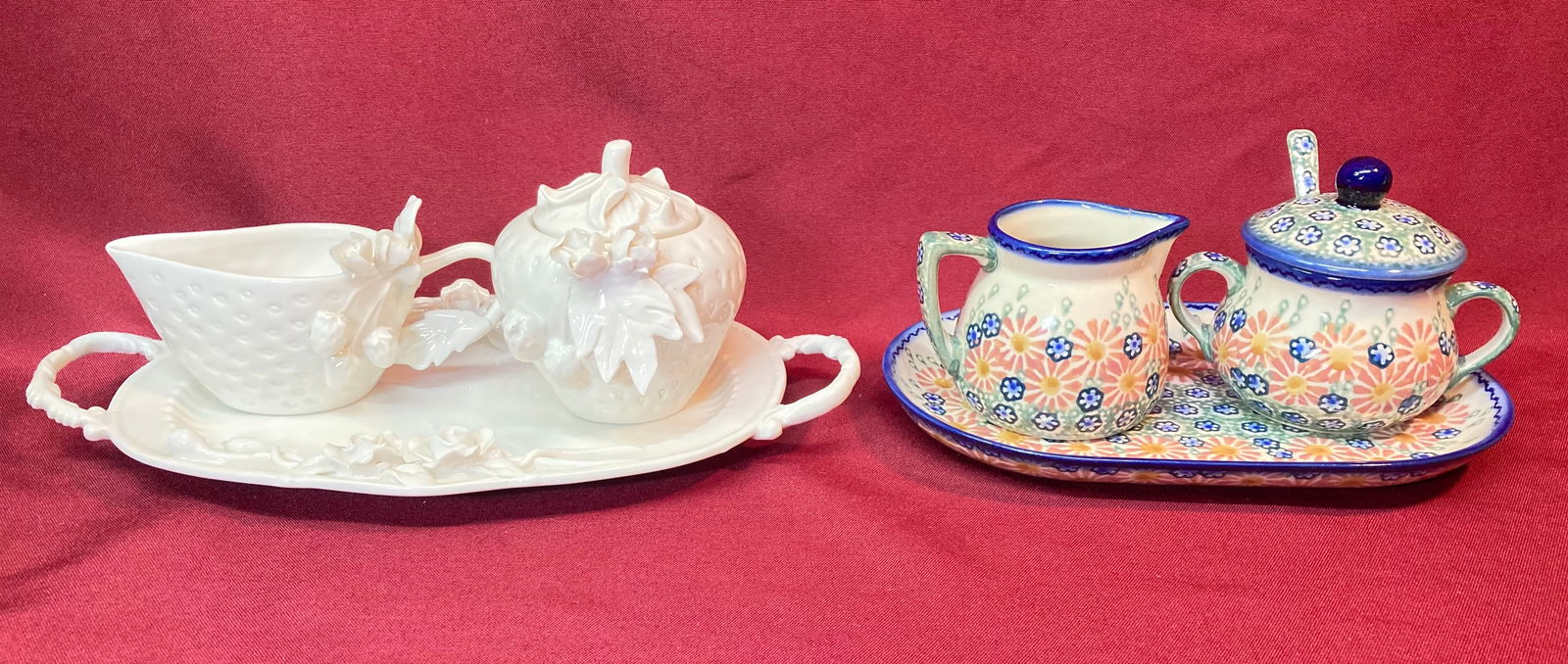 Two Cream & Sugar Sets - Graces Strawberry/Rose and Polish Manufakturaunikat Bouquet: Two Cream & Sugar Sets - Graces Strawberry/Rose and Polish Manufakturaunikat Bouquet