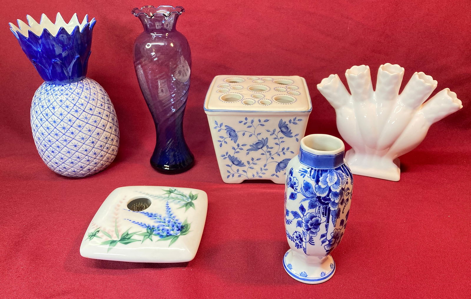 Six Decorative Flower Vases and Holders - Some Marked: Six Decorative Flower Vases and Holders - Some Marked