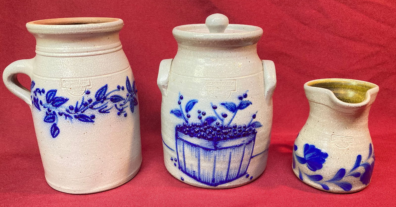 Three Older Salmon Falls Dover NH Decorated Stoneware Pieces: Three Older Salmon Falls Dover NH Decorated Stoneware Pieces