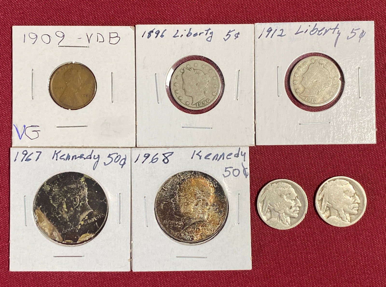 Various U.S. Coins - (2) Buffalo Nickels, 1909 VDB Lincoln, 1896 & 1912 Liberty Head 'V' Nickel, and (1 of 7)
