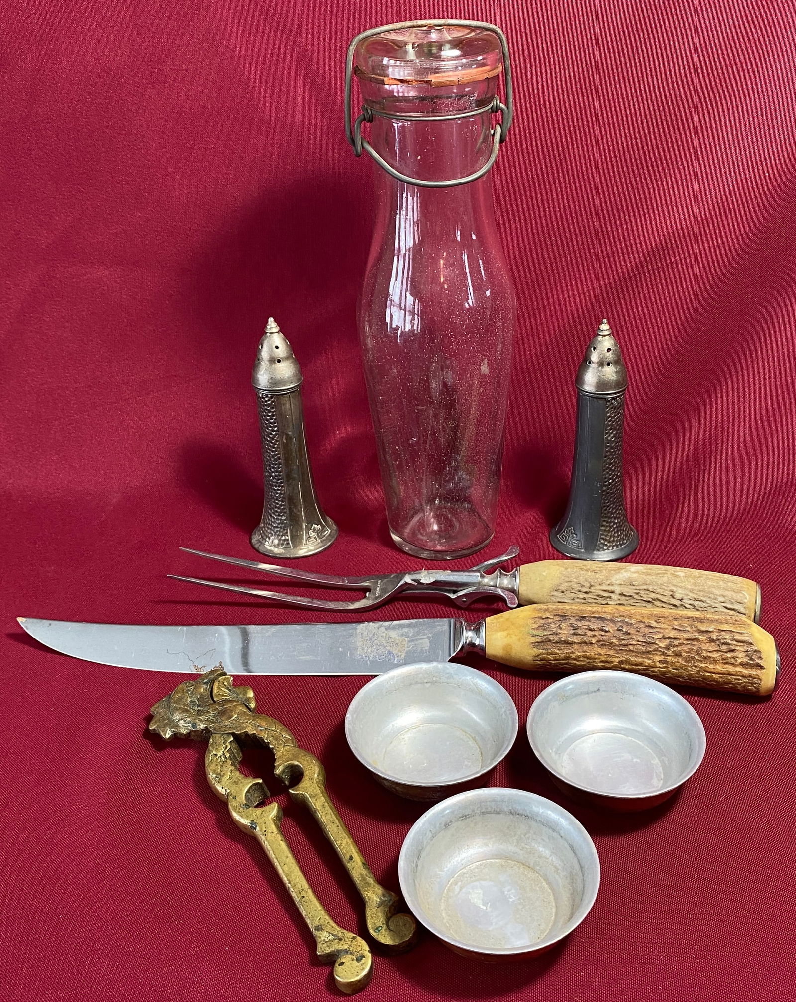 Older & Vintage Kitchen Lot - Antler Carving Set, Brass Rooster Nutcracker, Silver-Plate Salt &: Older & Vintage Kitchen Lot - Antler Carving Set, Brass Rooster Nutcracker, Silver-Plate Salt & Pepper Shakers, Coppercraft Guild Finger Bowls, Older Bottle