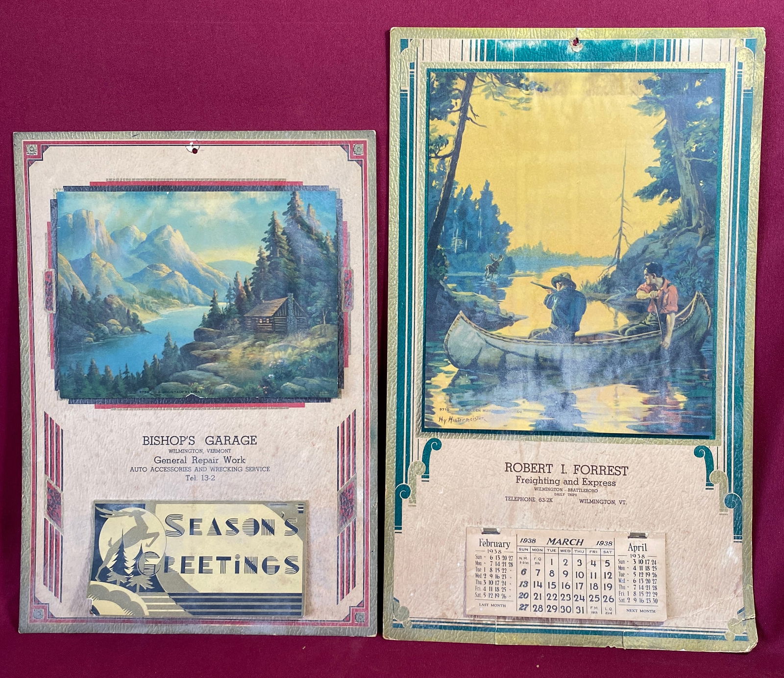 Two 1938 Wilmington VT Advertising Calendars - Bishops Garage and Robert Forrest Freighting &: Two 1938 Wilmington VT Advertising Calendars - Bishops Garage and Robert Forrest Freighting & Express