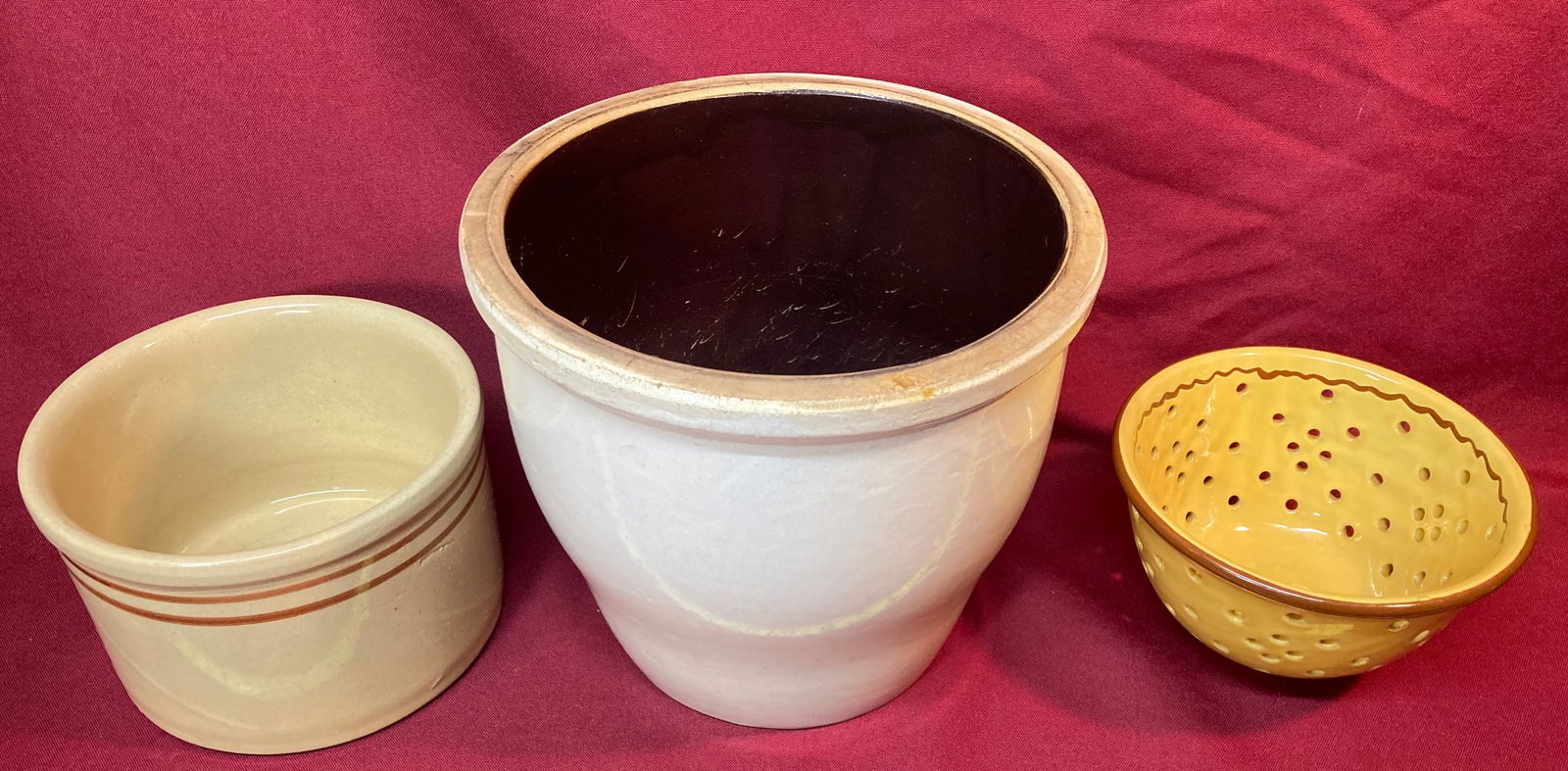 Three Pieces Stoneware Pottery Including Roseville, Park Redware, Strainer Bowl - Absolutely No (1 of 7)