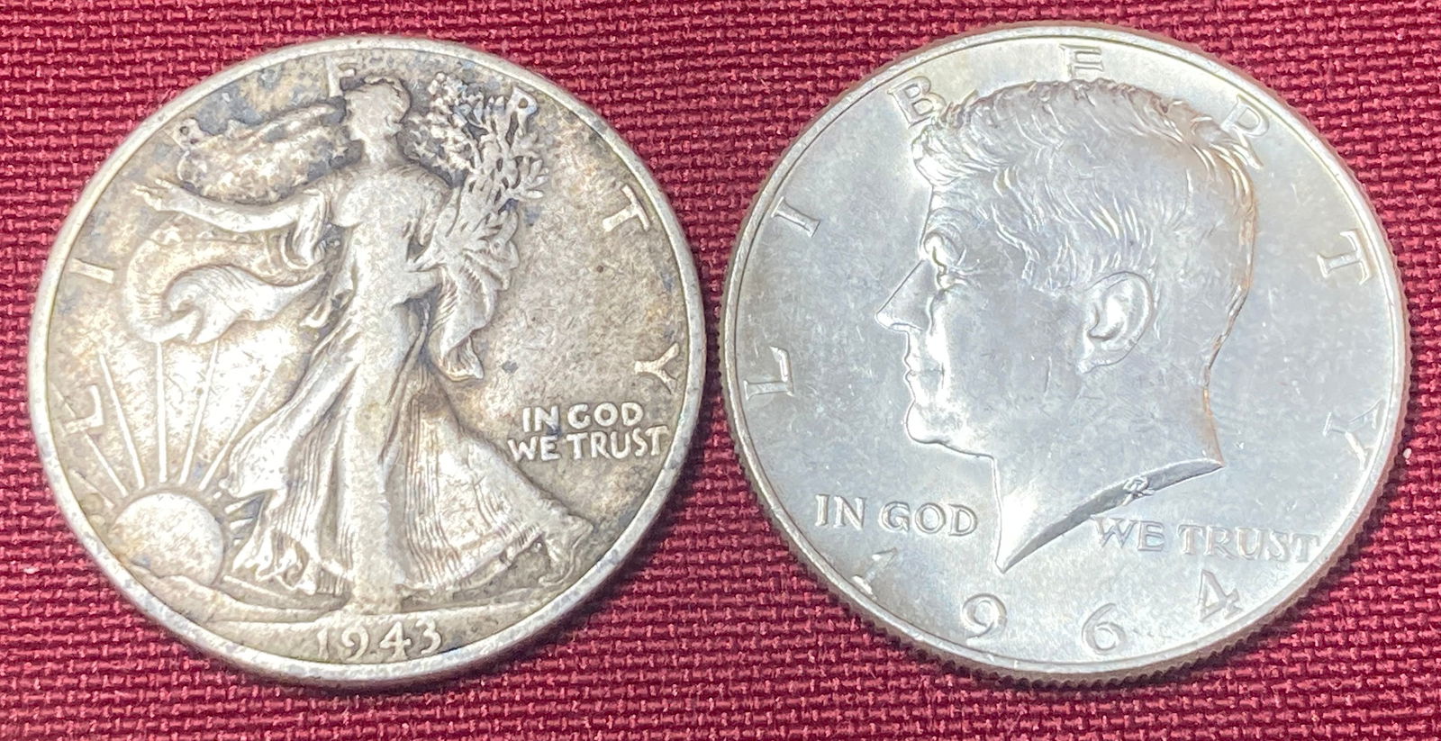 Two Silver Half Dollars - 1943 Walking Liberty & 1964 Kennedy Half Dollar (1 of 3)