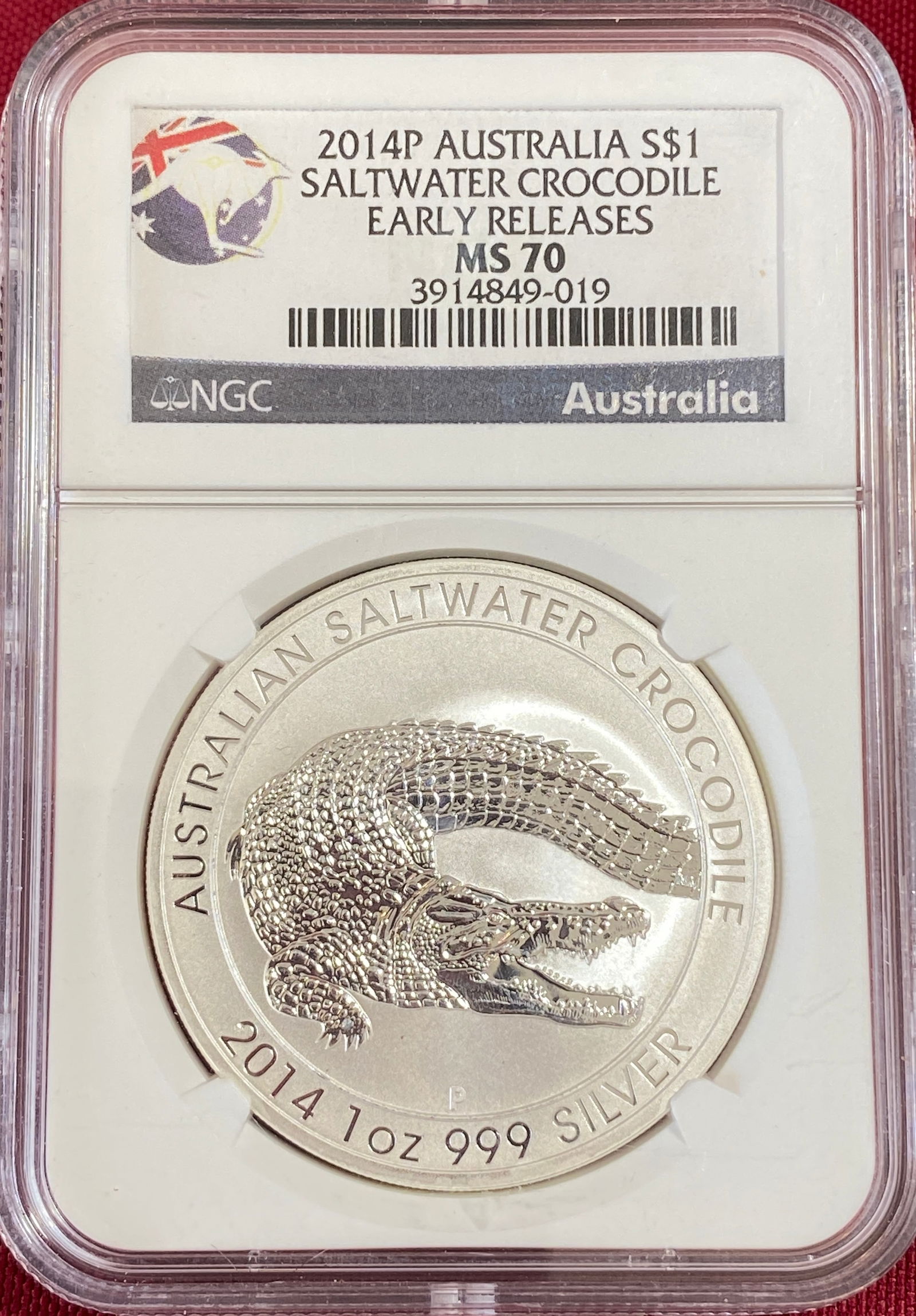Graded 2014-P Australia One Ounce .999 Fine Silver - Saltwater Crocodile - Early Releases - MS70 by: Graded 2014-P Australia One Ounce .999 Fine Silver - Saltwater Crocodile - Early Releases - MS70 by NGC