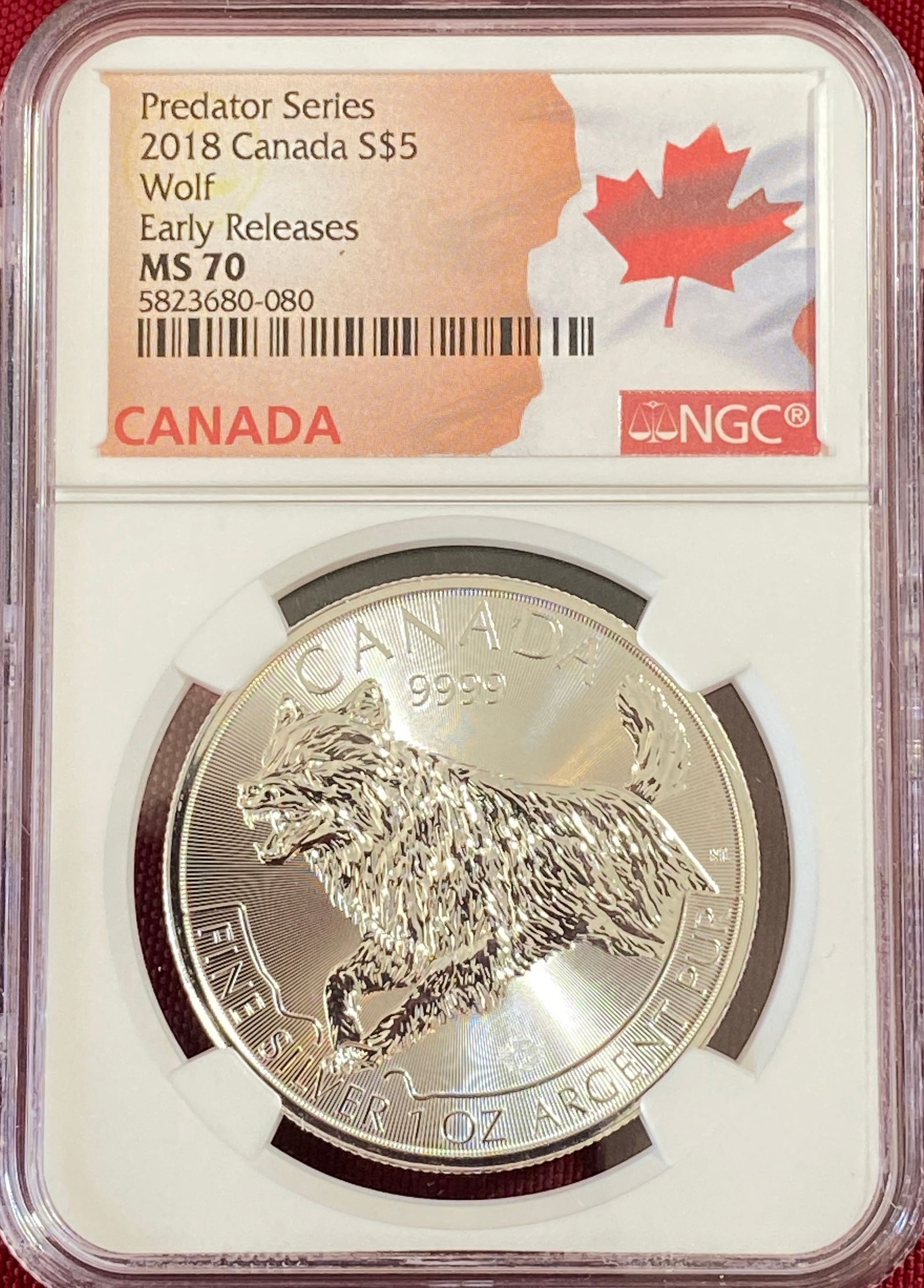 Graded 2018 Canada One Ounce .999 Five Silver $5 Dollar Coin - Predator Series - Wolf - Early: Graded 2018 Canada One Ounce .999 Five Silver $5 Dollar Coin - Predator Series - Wolf - Early Releases - MS70 by NGC