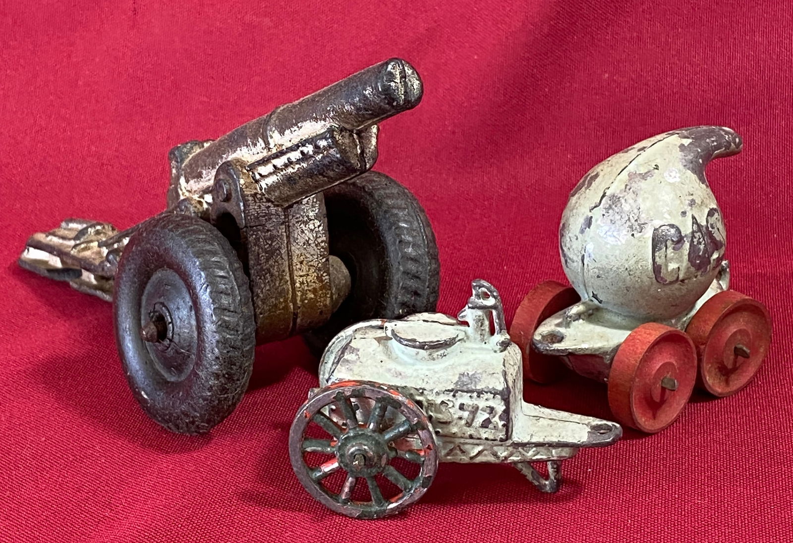 Three Vintage Lead Toys Including Manoil Lead Gas Tank: Three Vintage Lead Toys Including Manoil Lead Gas Tank