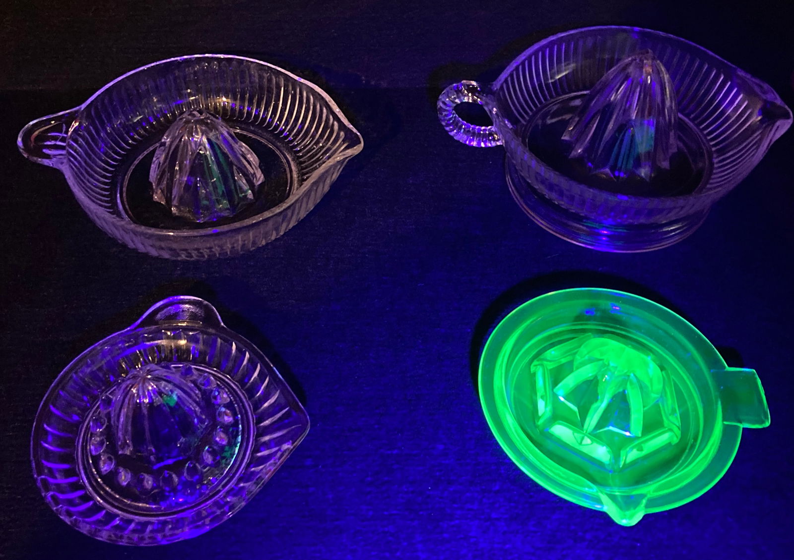 Four Vintage Glass Juicers with Pour Spouts - One Uranium Glass: Four Vintage Glass Juicers with Pour Spouts - One Uranium Glass