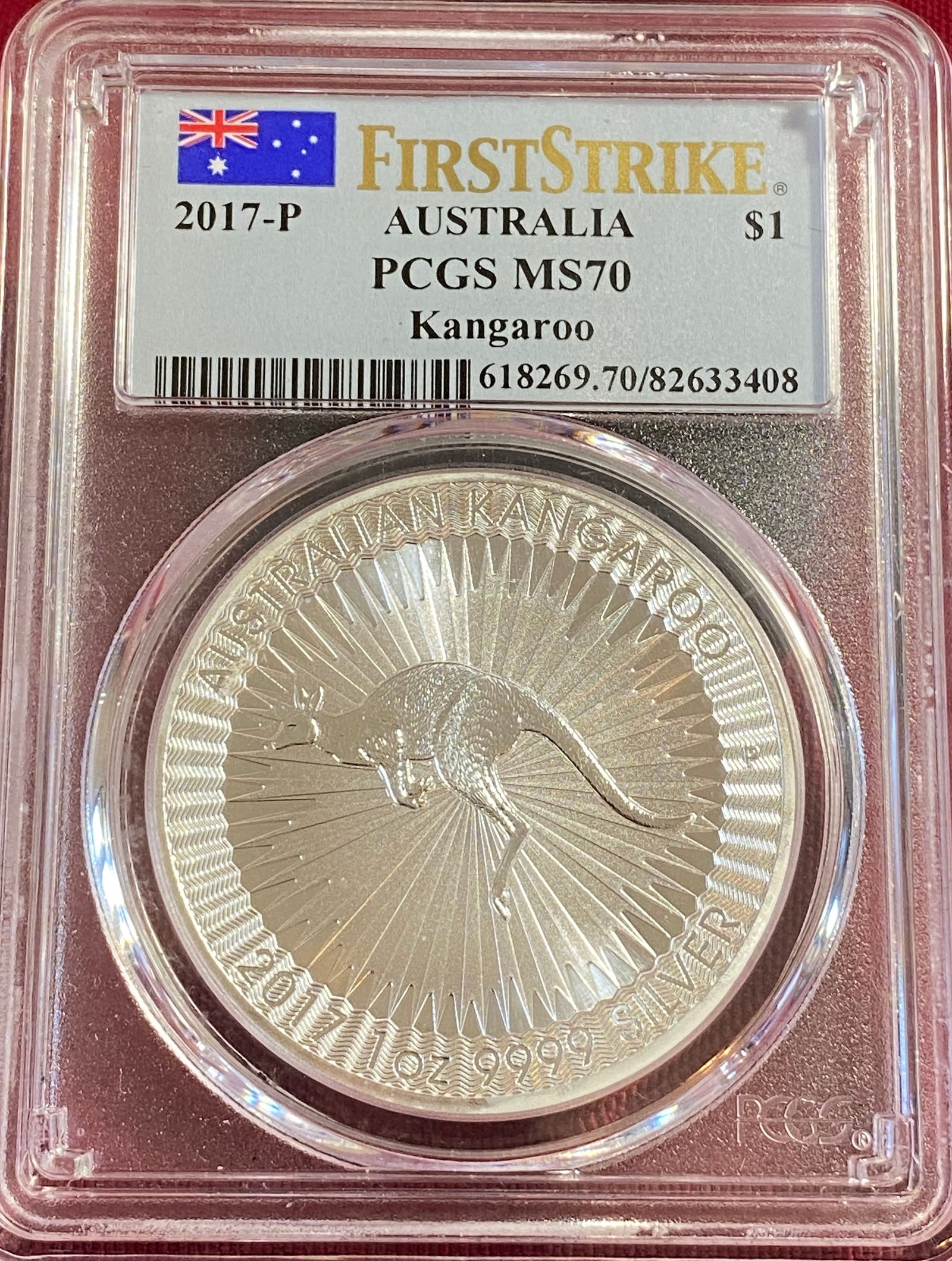 Graded 2017-P Australia One Ounce .999 Fine Silver Dollar Coin- Kangaroo - MS70 by PCGS: Graded 2017-P Australia One Ounce .999 Fine Silver Dollar Coin- Kangaroo - MS70 by PCGS
