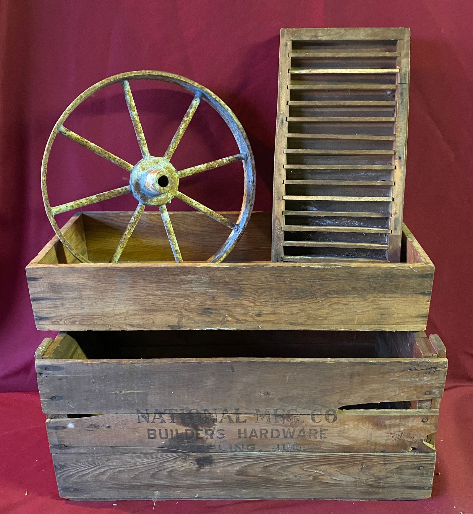 Nation Mfg. Co. Builder Hardware Wooden Crate with Cast Iron Wheel, Wooden Divider, Etc. -: Nation Mfg. Co. Builder Hardware Wooden Crate with Cast Iron Wheel, Wooden Divider, Etc. - Absolutely No Shipping