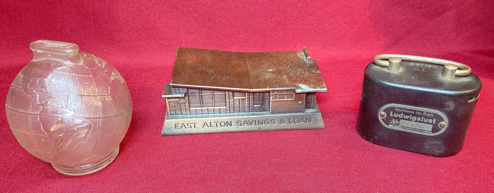 Three Rare Vintage Banks - Steel, Cast Aluminum, Glass: Three Rare Vintage Banks - Steel, Cast Aluminum, Glass