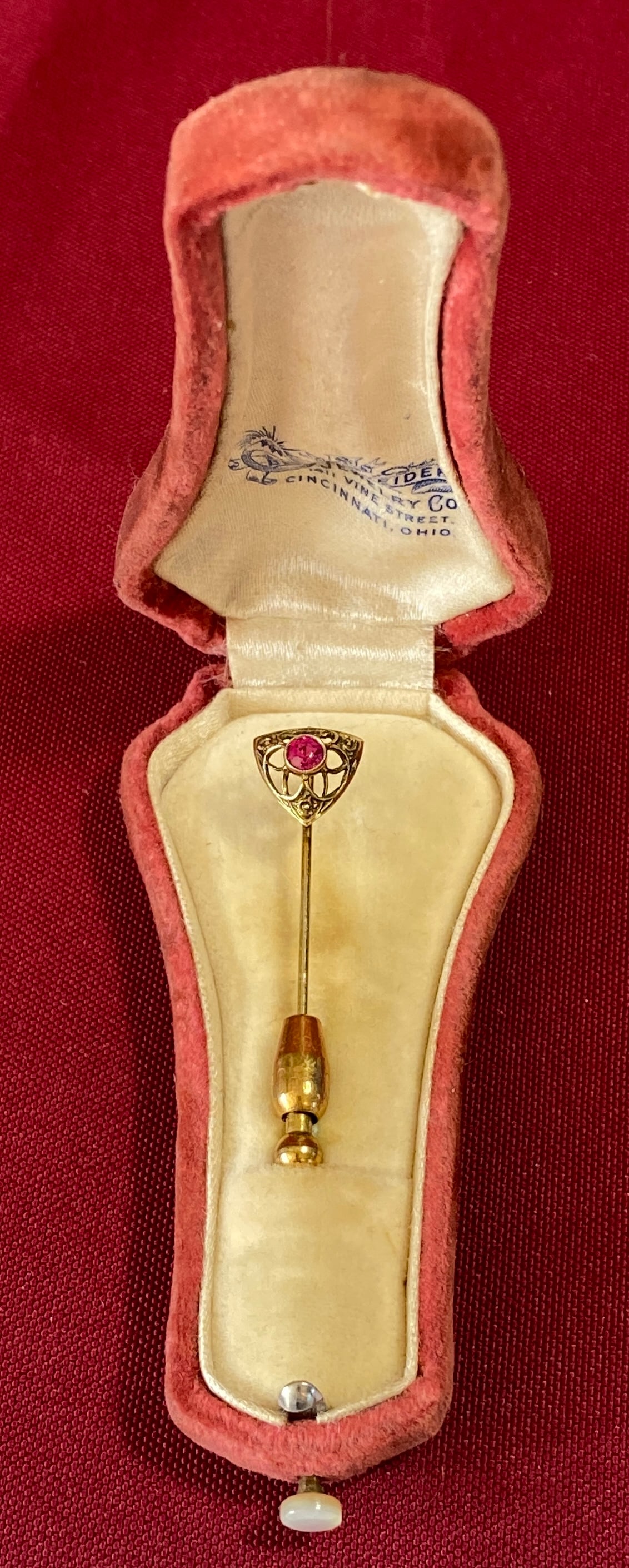 14K Gold Stick Pin with Pinkish Red Stone in Case - 2.54 Grams - Possibly Ruby: 14K Gold Stick Pin with Pinkish Red Stone in Case - 2.54 Grams - Possibly Ruby