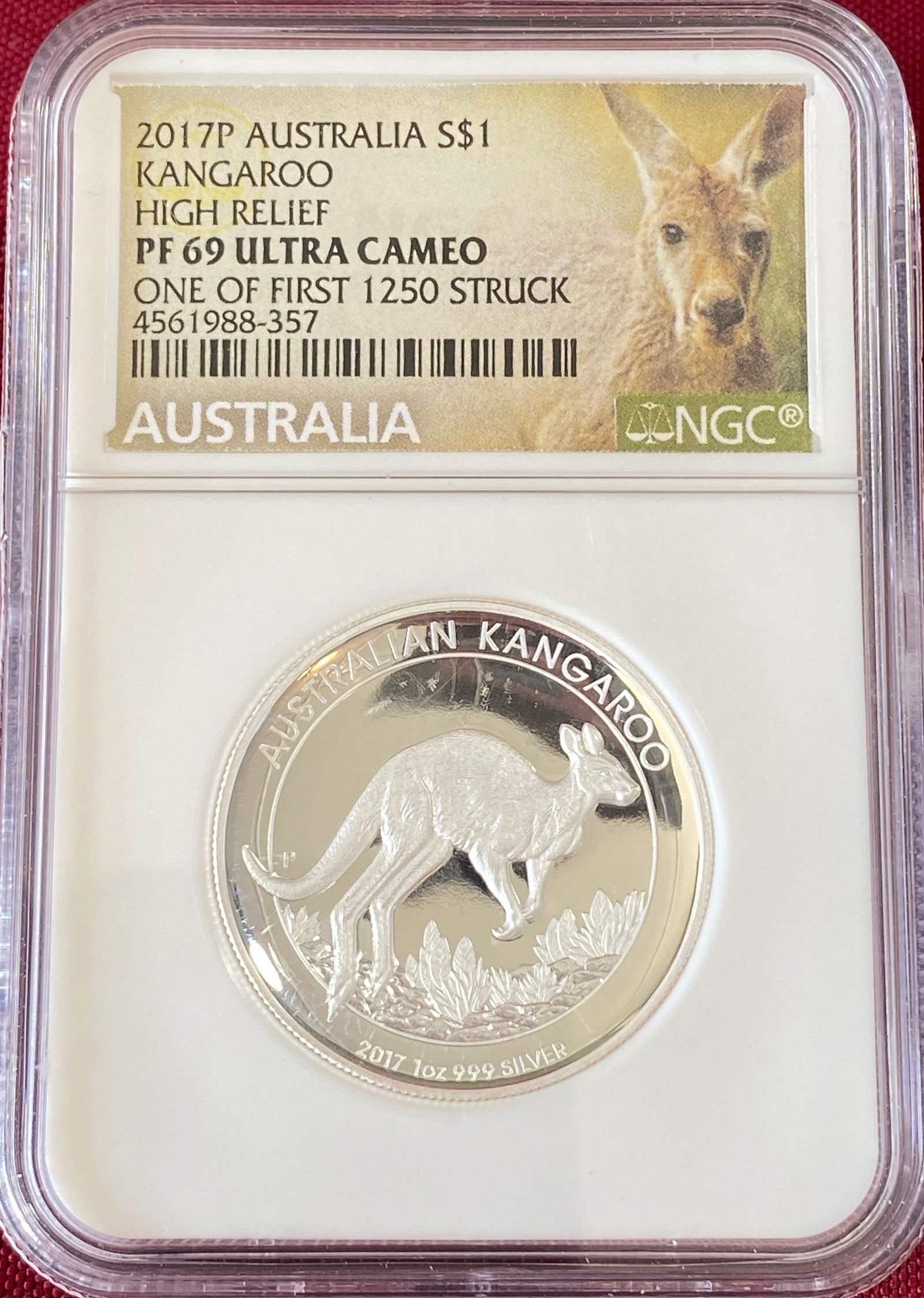 Graded 2017-P Australia One Ounce .999 Fine Silver Dollar Coin- Kangaroo - High Relief One of First: Graded 2017-P Australia One Ounce .999 Fine Silver Dollar Coin- Kangaroo - High Relief One of First 1250 Struck - PF69 Ultra Cameo by NGC