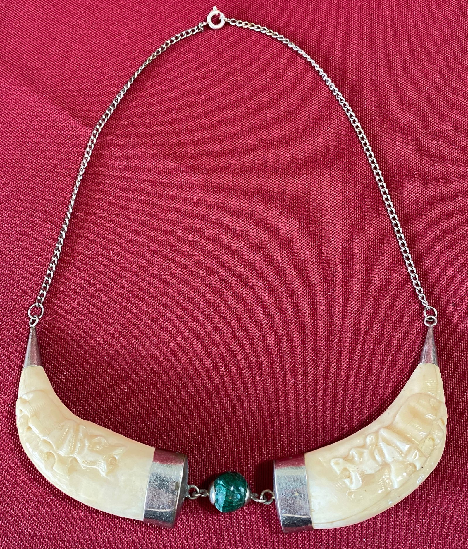 Choker with Carved Boar Tusk/Teeth and Malachite Stone - 14": Choker with Carved Boar Tusk/Teeth and Malachite Stone - 14"