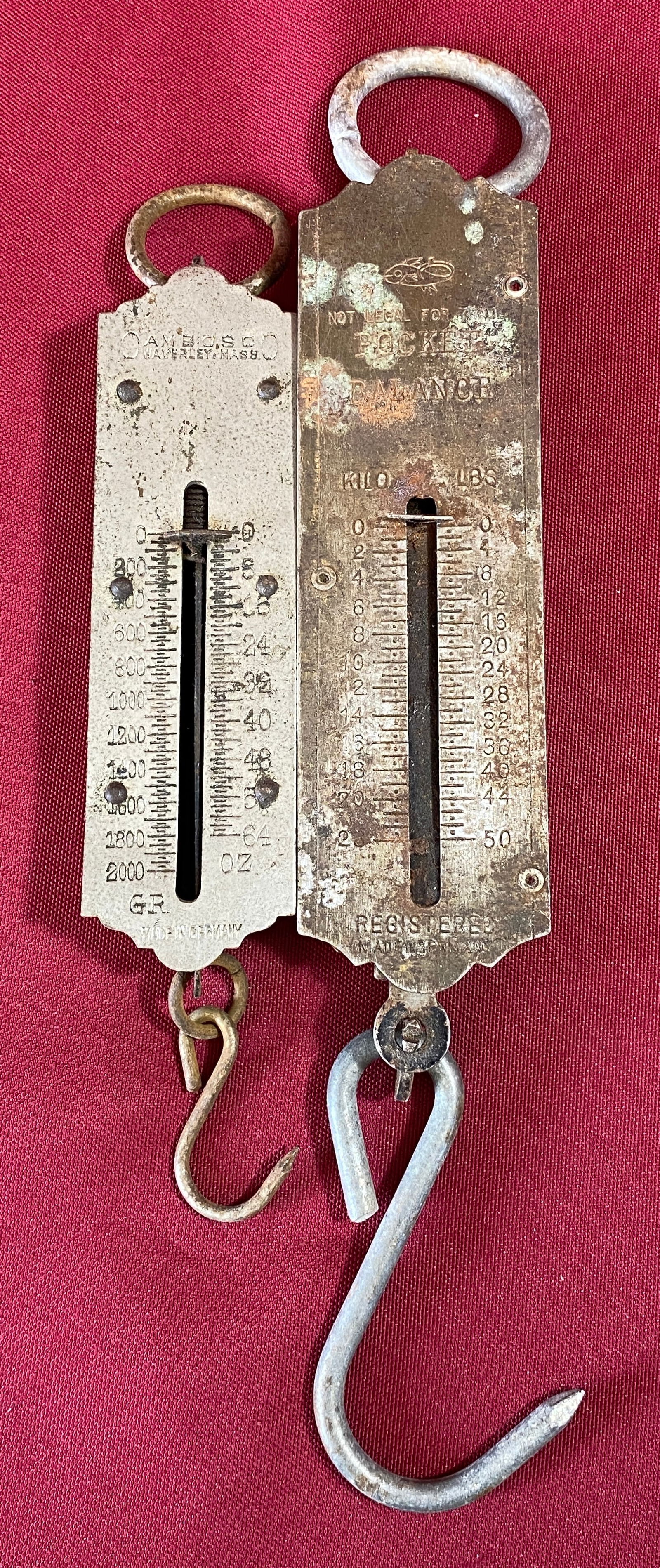 Two Antique Hanging Scales - Made in Germany - Pocket Balance & Amboso of Waverly, MASS: Two Antique Hanging Scales - Made in Germany - Pocket Balance & Amboso of Waverly, MASS