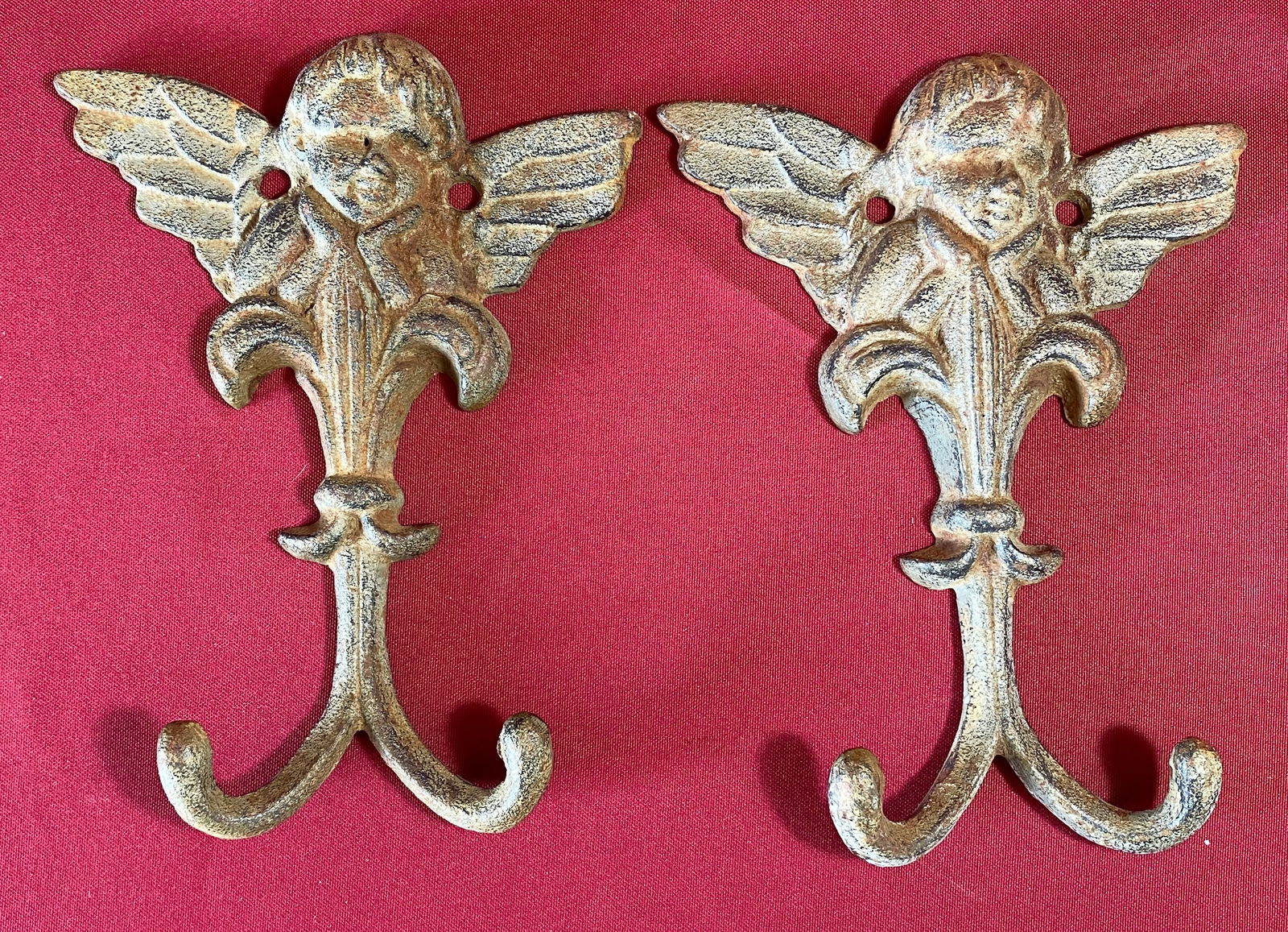 Two Cast Iron Angel Wall Mounted Double Hooks: Two Cast Iron Angel Wall Mounted Double Hooks