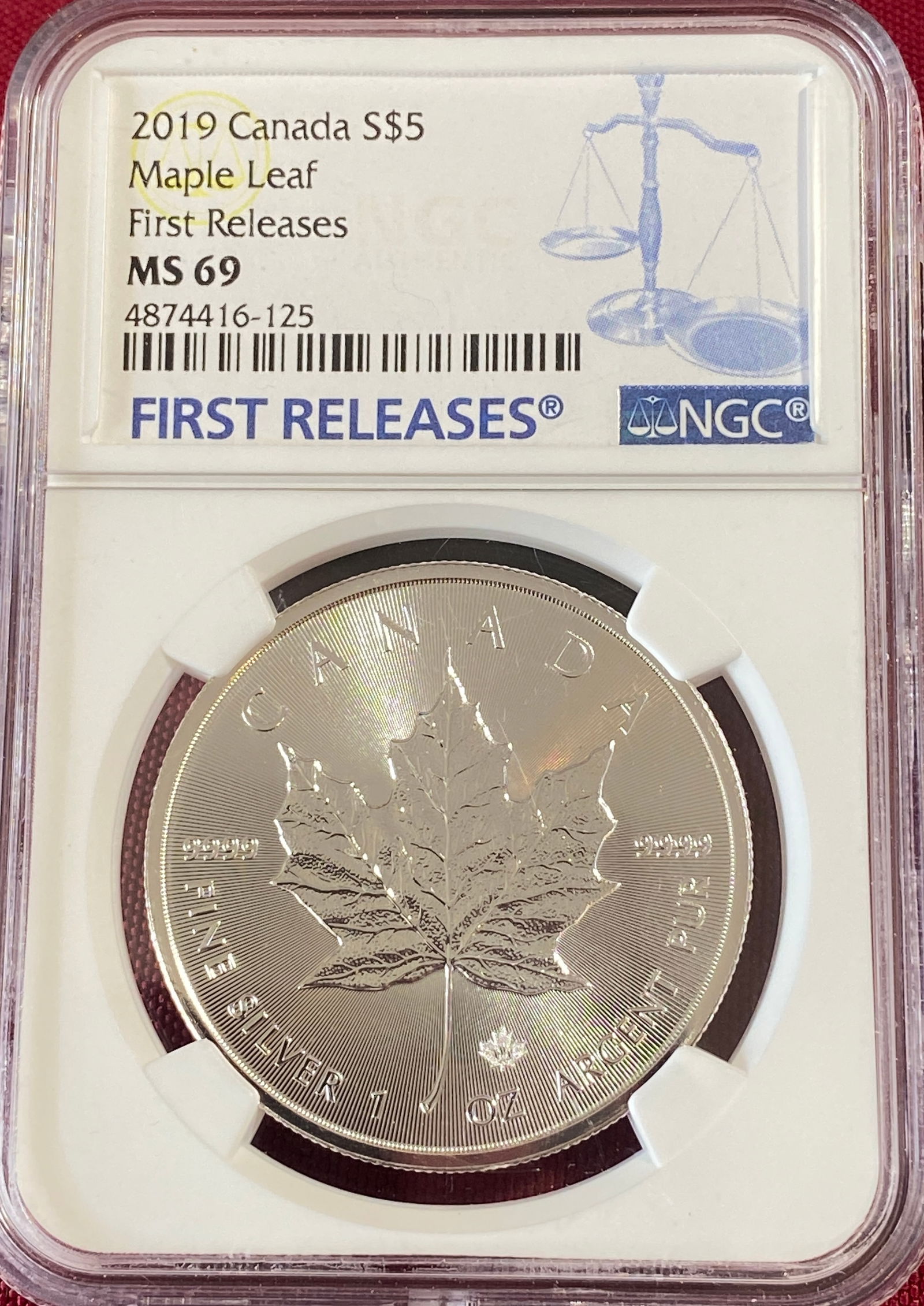 Graded 2018 Canada One Ounce .999 Five Silver $5 Dollar Coin - Maple Leaf - Early Releases - MS69 by: Graded 2018 Canada One Ounce .999 Five Silver $5 Dollar Coin - Maple Leaf - Early Releases - MS69 by NGC