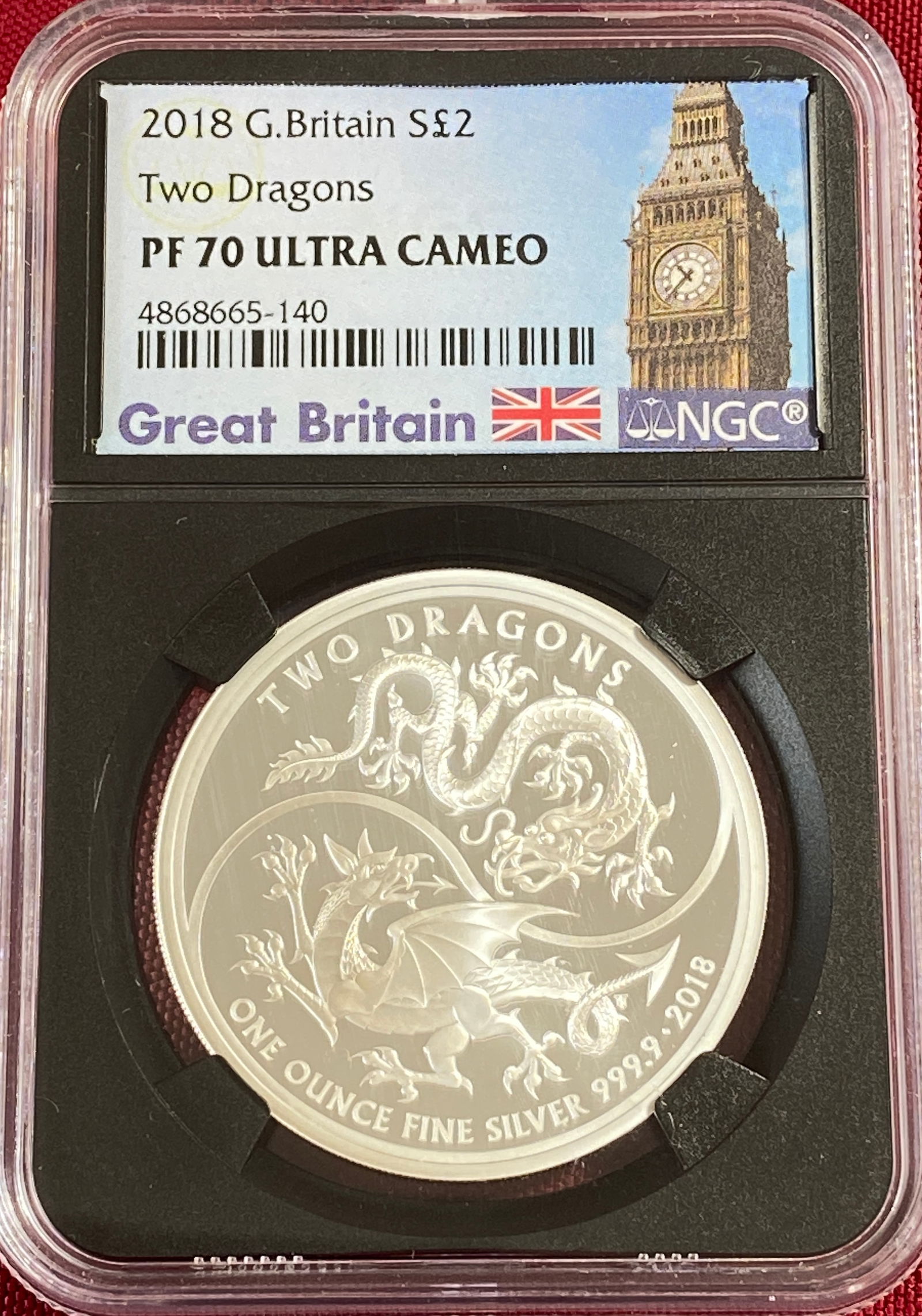 Graded 2018 G. Britian One Ounce .999 Fine Silver 2 Pound Coin - Two Dragon - PF70 Ultra Cameo by: Graded 2018 G. Britian One Ounce .999 Fine Silver 2 Pound Coin - Two Dragon - PF70 Ultra Cameo by NGC