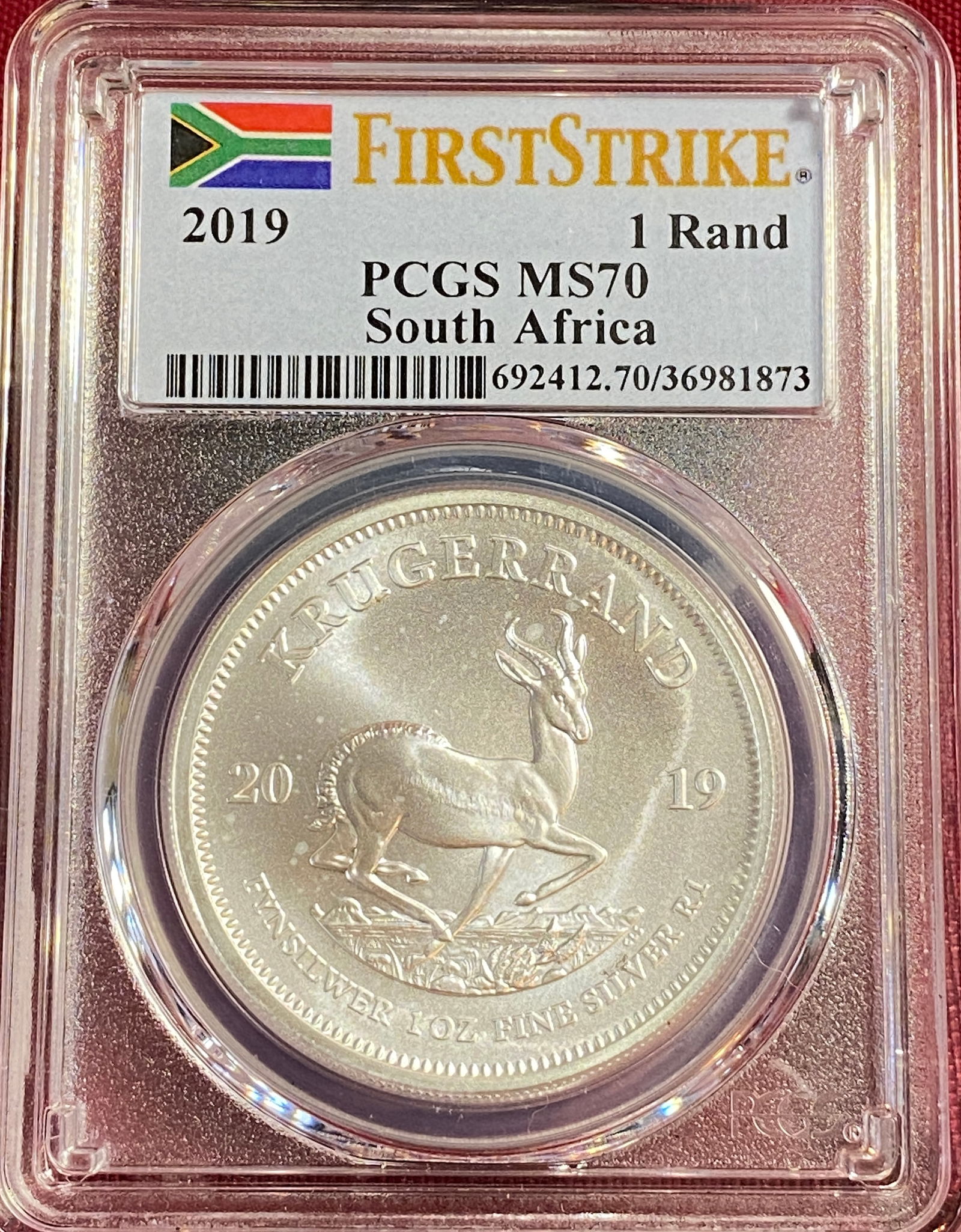 Graded 2019 South Africa One Ounce .999 Fine Silver Rand Coin - First Strike - MS70 PCGS: Graded 2019 South Africa One Ounce .999 Fine Silver Rand Coin - First Strike - MS70 PCGS