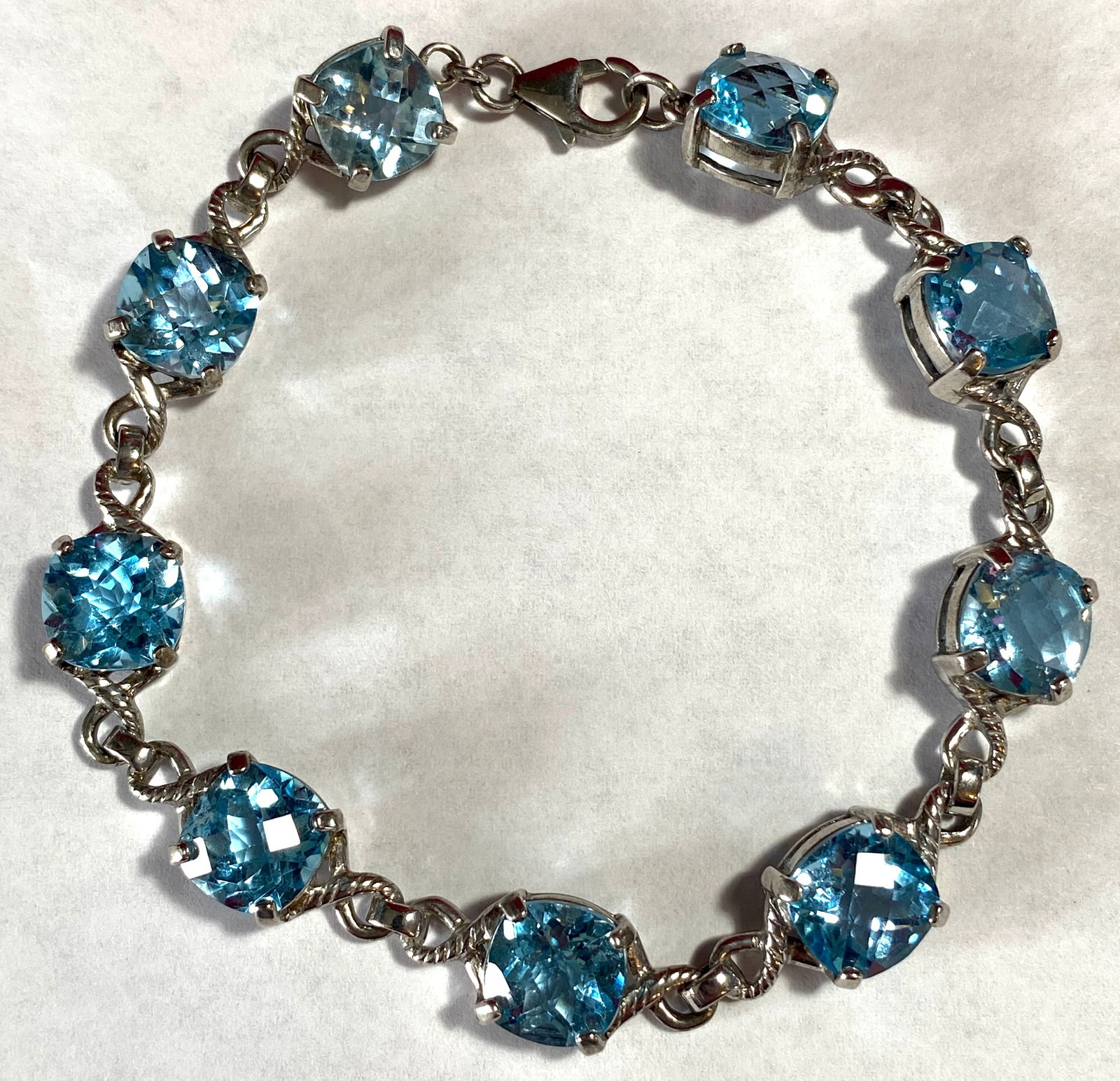 Sterling Silver 7.75" Bracelet with Blue Aquamarine(?) Stones - 20.49 Grams: Sterling Silver 7.75" Bracelet with Blue Aquamarine(?) Stones - 20.49 Grams