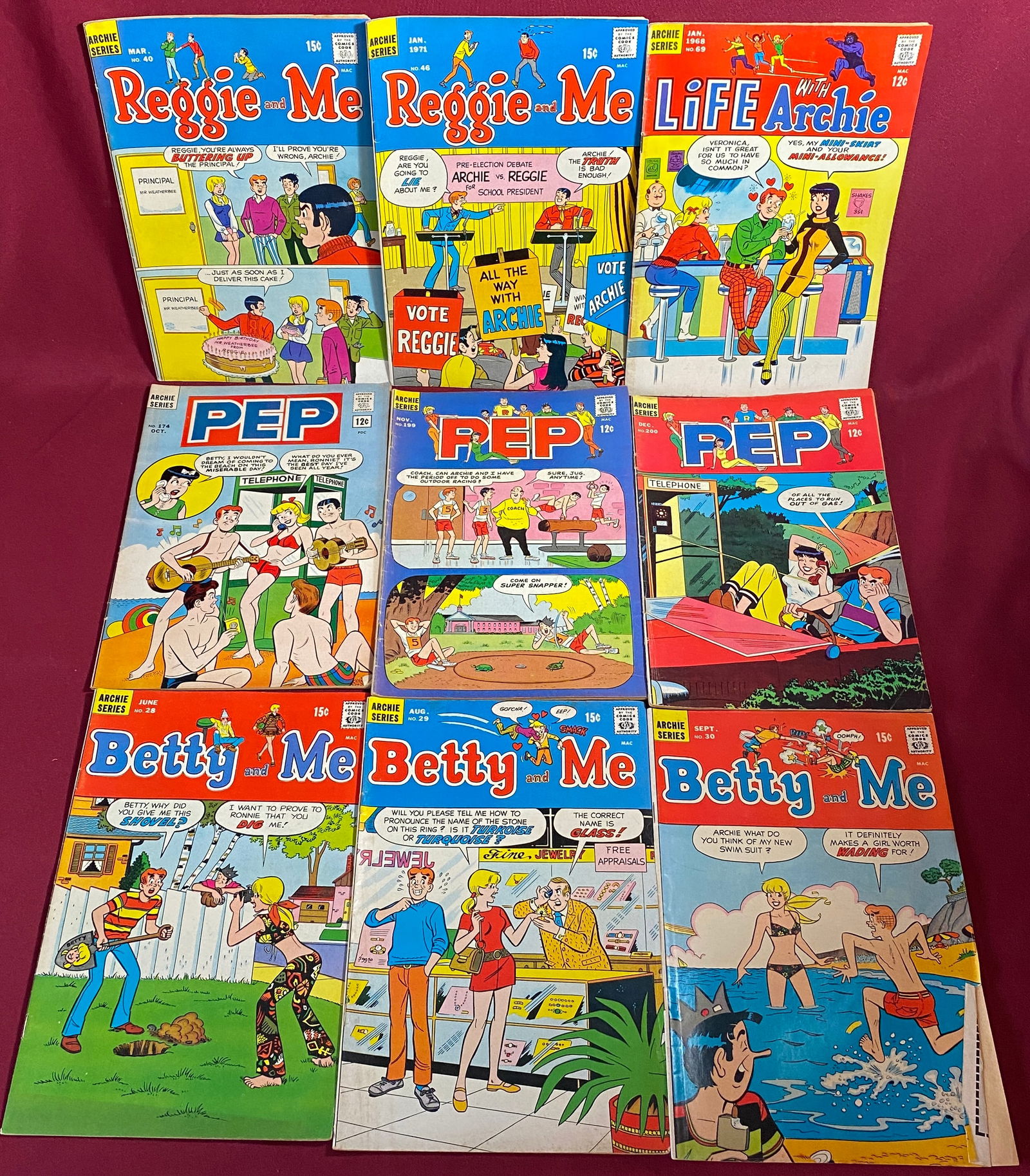 Nine Vintage Archie Series Comics - (3) PEP, (1) Life with Archie, (2) Reggie and Me, (3) Betty and (1 of 5)