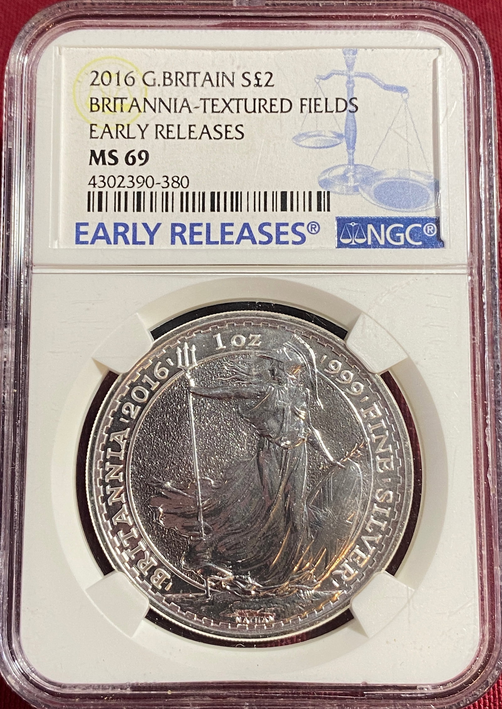 Graded Great Britain 2016 One Ounce .999 Fine Silver 2? Britannia - Textured Fields - Early Releases: Graded Great Britain 2016 One Ounce .999 Fine Silver 2? Britannia - Textured Fields - Early Releases ? MS69 by NGC