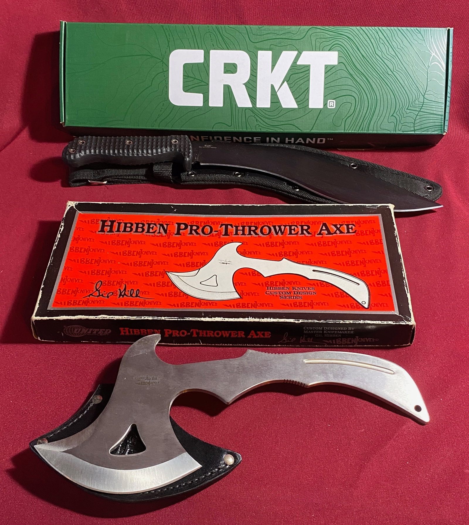Hibben Pro Thrower Ax & CRKT Knife 'Confidence In Hand - Both with Sheaths: Hibben Pro Thrower Ax & CRKT Knife 'Confidence In Hand - Both with Sheaths