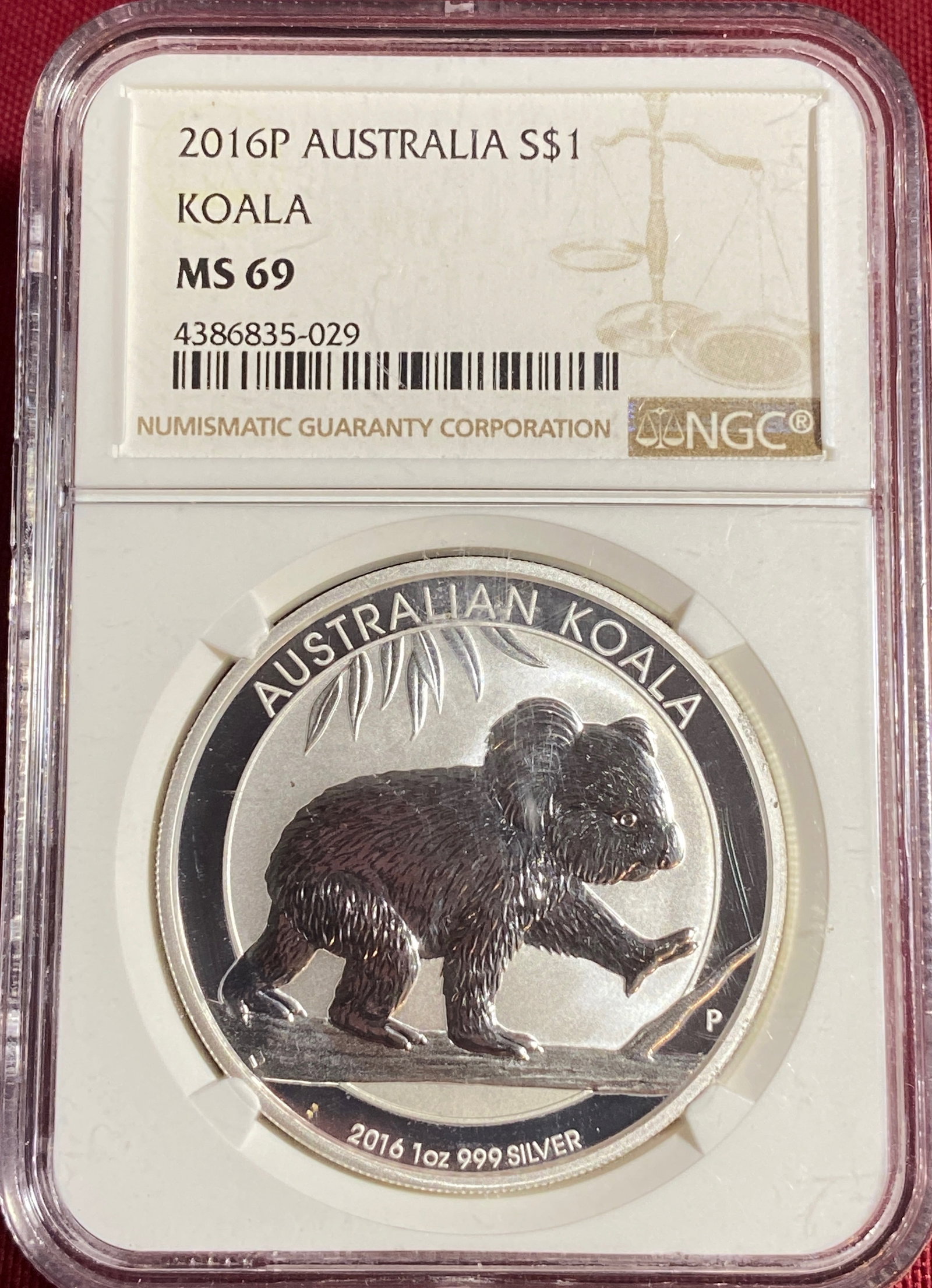 Graded 2016-P Australia One Ounce .999 Fine Silver Dollar - Koala - MS69 by NGC: Graded 2016-P Australia One Ounce .999 Fine Silver Dollar - Koala - MS69 by NGC