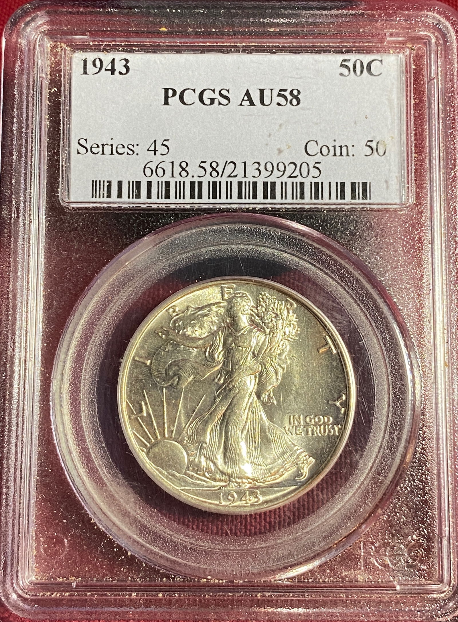 Graded 1943 Walking Liberty Silver Half Dollar - AU58 by PCGS: Graded 1943 Walking Liberty Silver Half Dollar - AU58 by PCGS