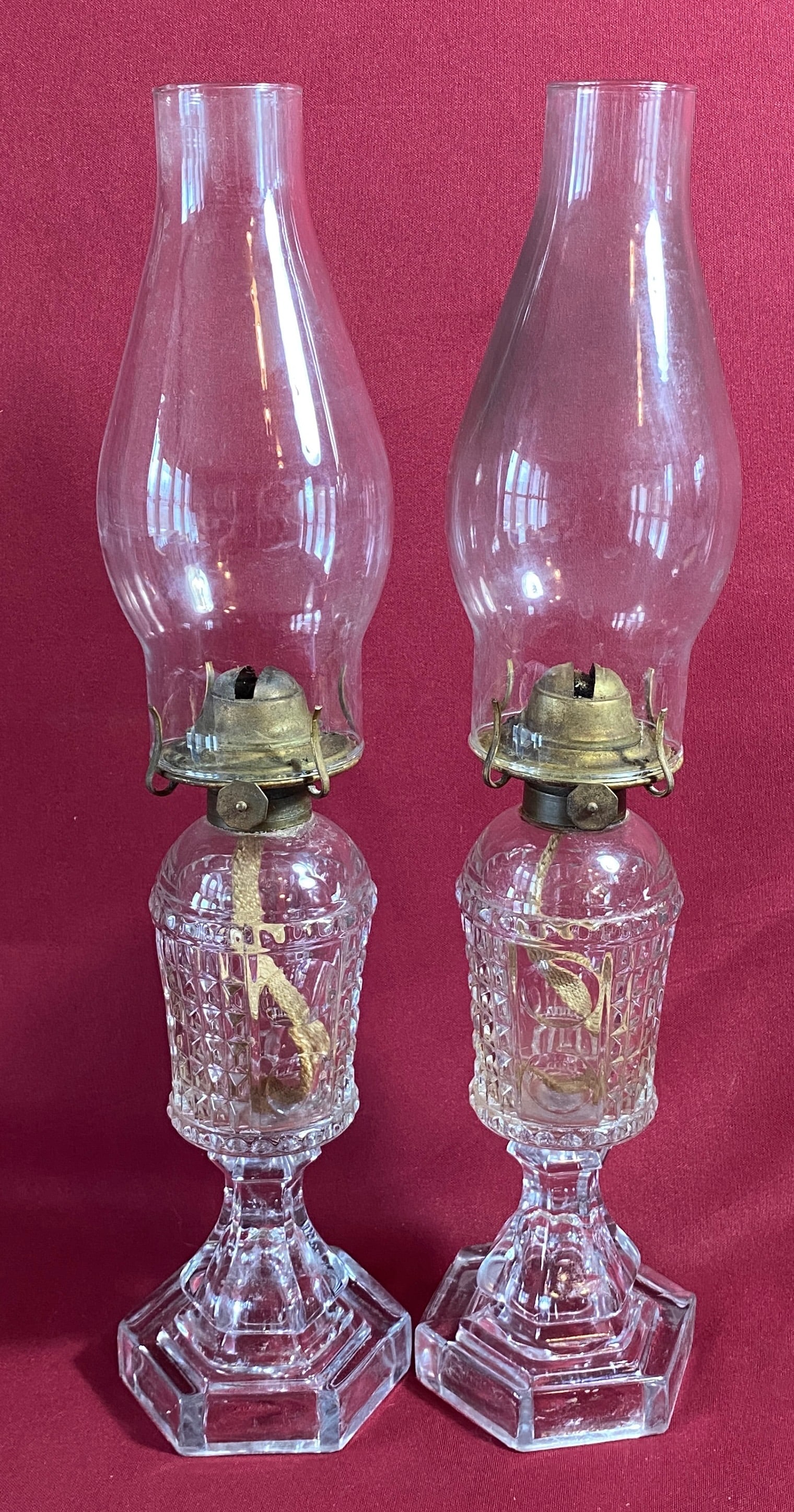 Pair of American Whale Oil Lamps - Risdon Mfg. Co. - 16"X4" Overall: Pair of American Whale Oil Lamps - Risdon Mfg. Co. - 16"X4" Overall