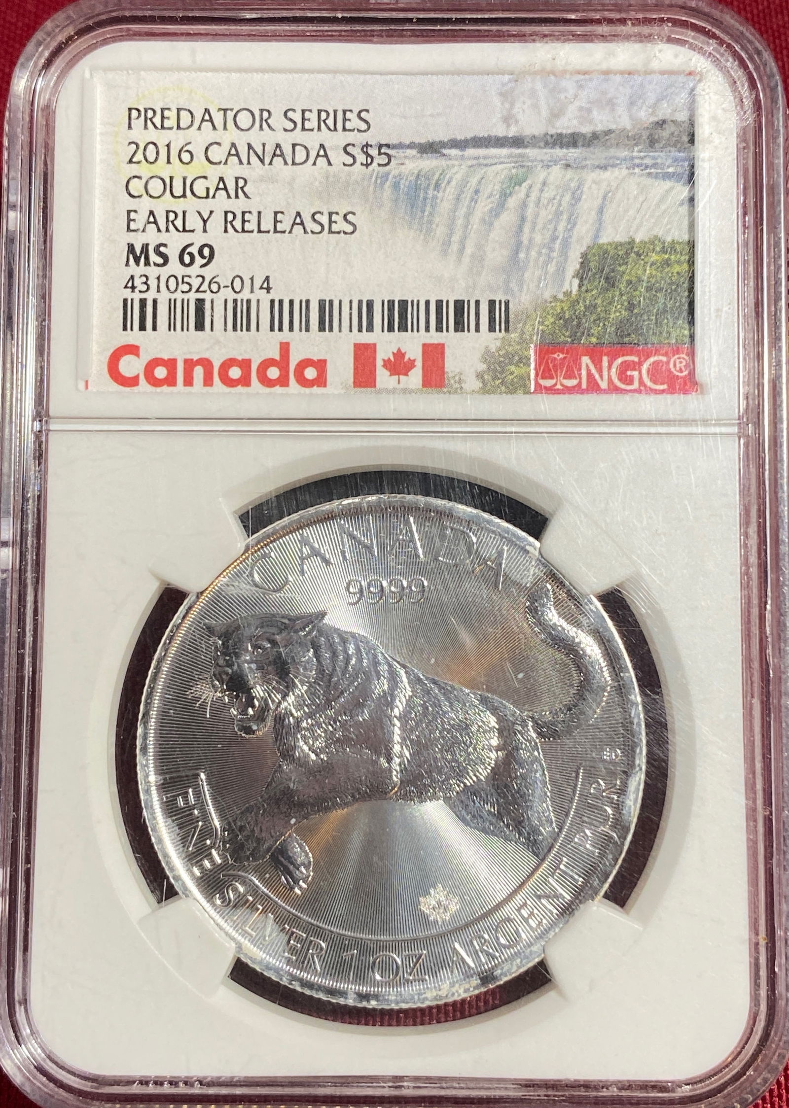 Graded 2016 Canada One Ounce .999 Five Silver $5 Dollar Coin - Predator Series - Cougar - Early: Graded 2016 Canada One Ounce .999 Five Silver $5 Dollar Coin - Predator Series - Cougar - Early Releases - MS69 by NGC