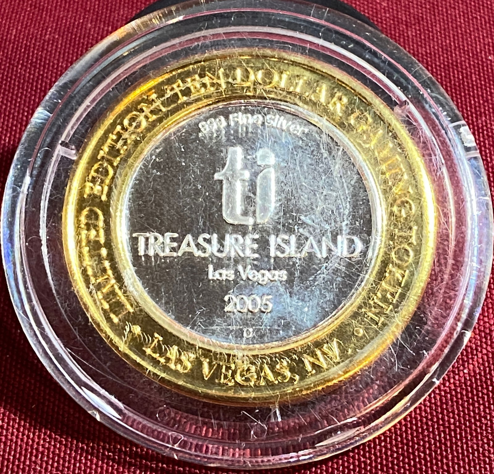 Treasure Island .999 Fine Silver in Brass Ring $10 Gaming Token: Treasure Island .999 Fine Silver in Brass Ring $10 Gaming Token