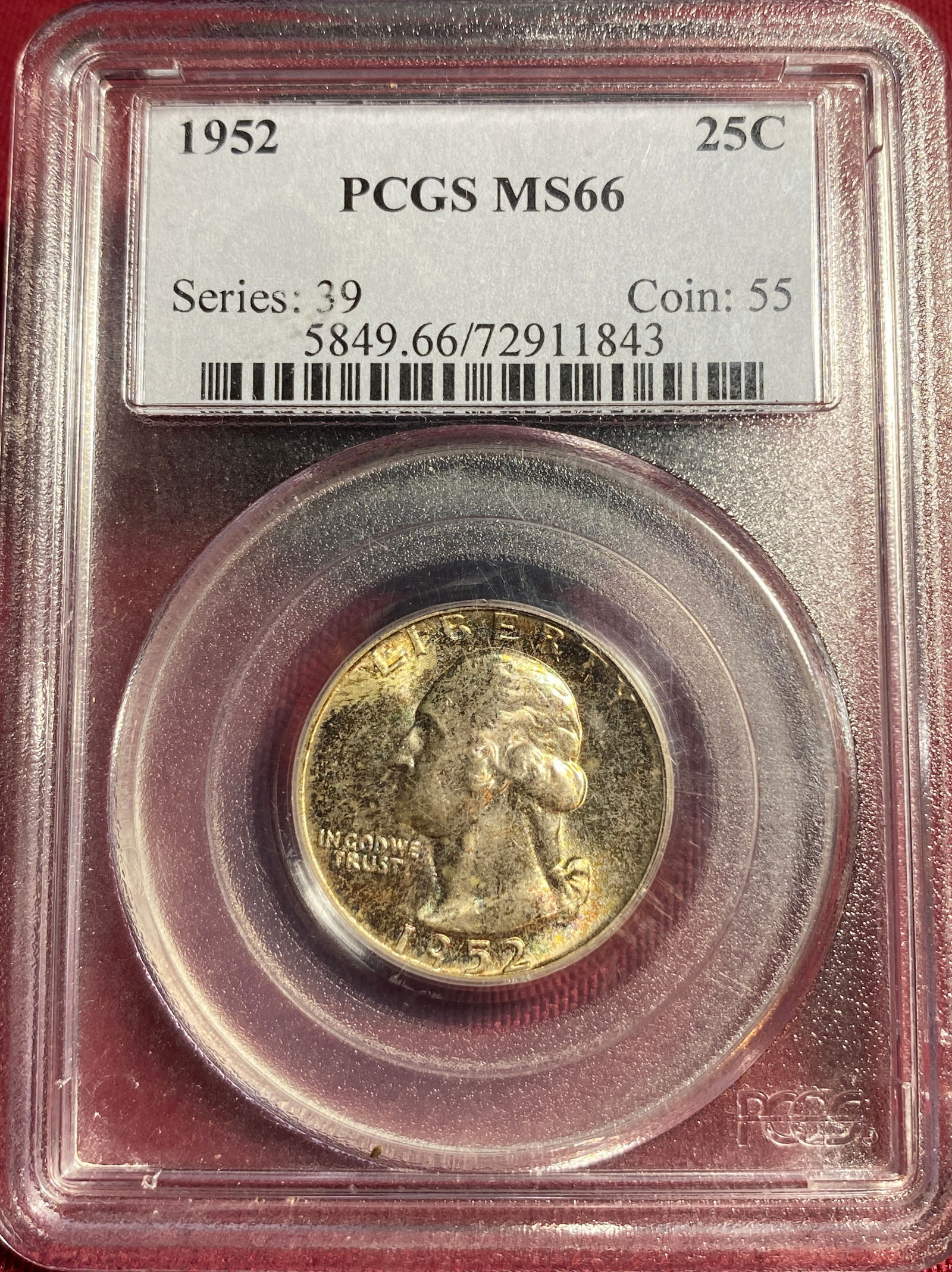 Graded 1952 Washington Silver Quarter - MS66 by PCGS: Graded 1952 Washington Silver Quarter - MS66 by PCGS