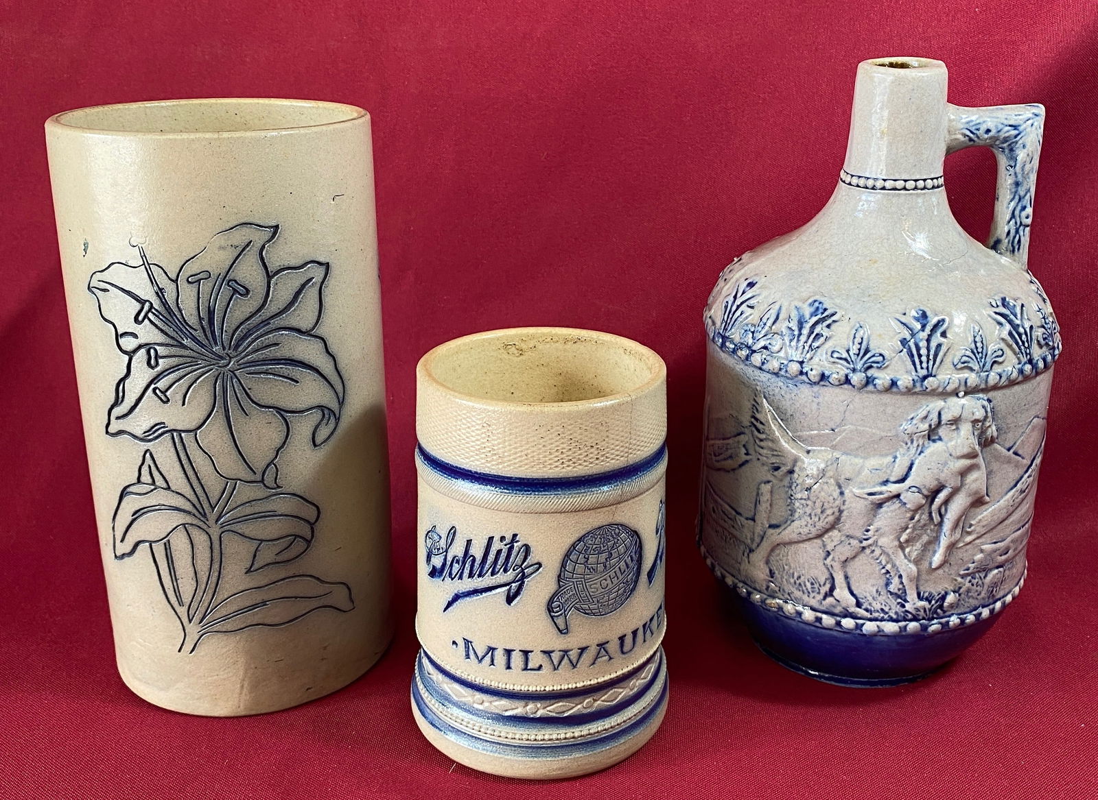 Blue and White Molded Stoneware Hunting Scene Whiskey Jug - Most Likely Made by the Whites Pottery U (1 of 7)