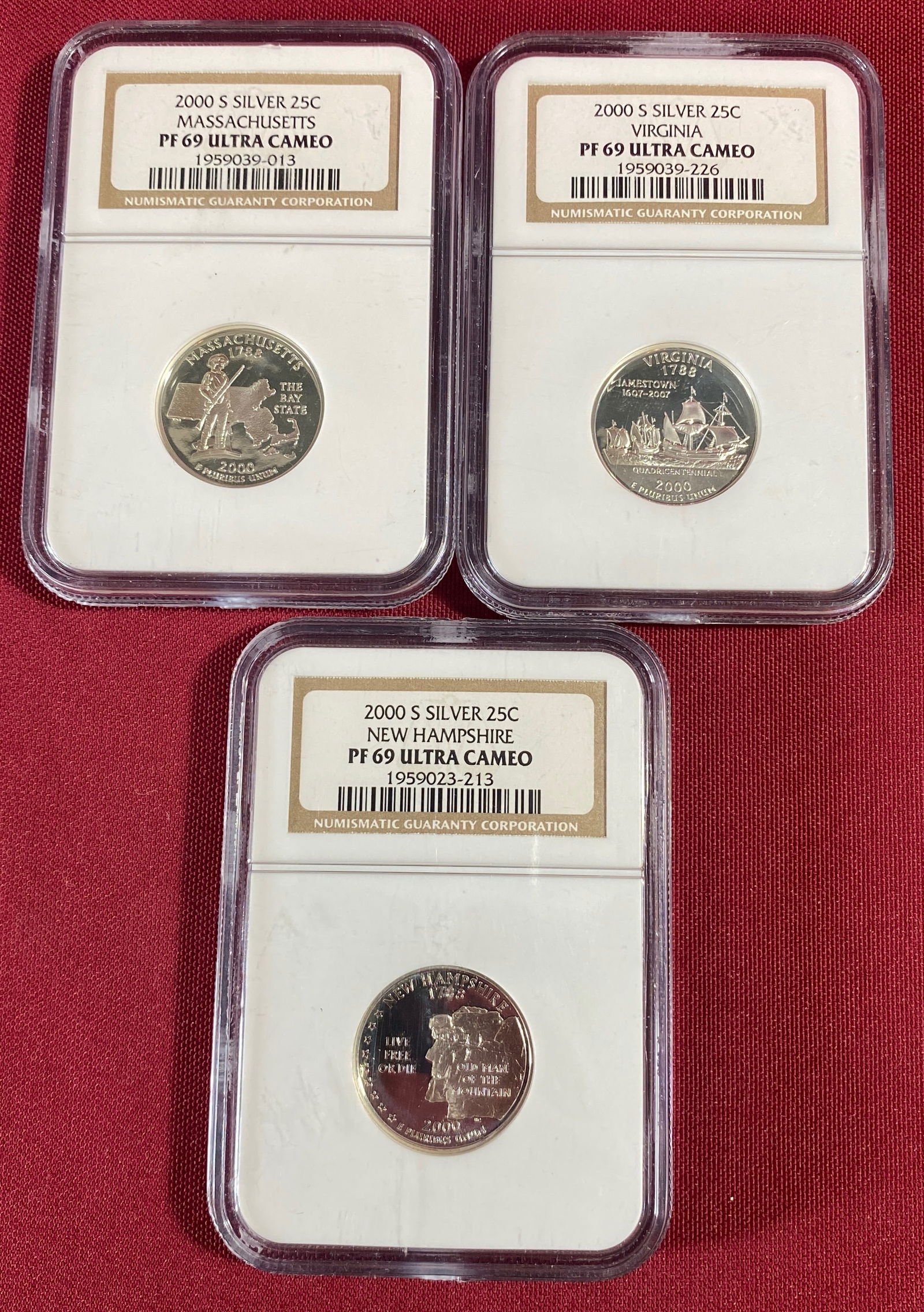 Three 2000-S NGC Graded PF69 Ultra Cameo U.S. State Silver Quarters - Massachusetts, Virginia, New: Three 2000-S NGC Graded PF69 Ultra Cameo U.S. State Silver Quarters - Massachusetts, Virginia, New Hampshire