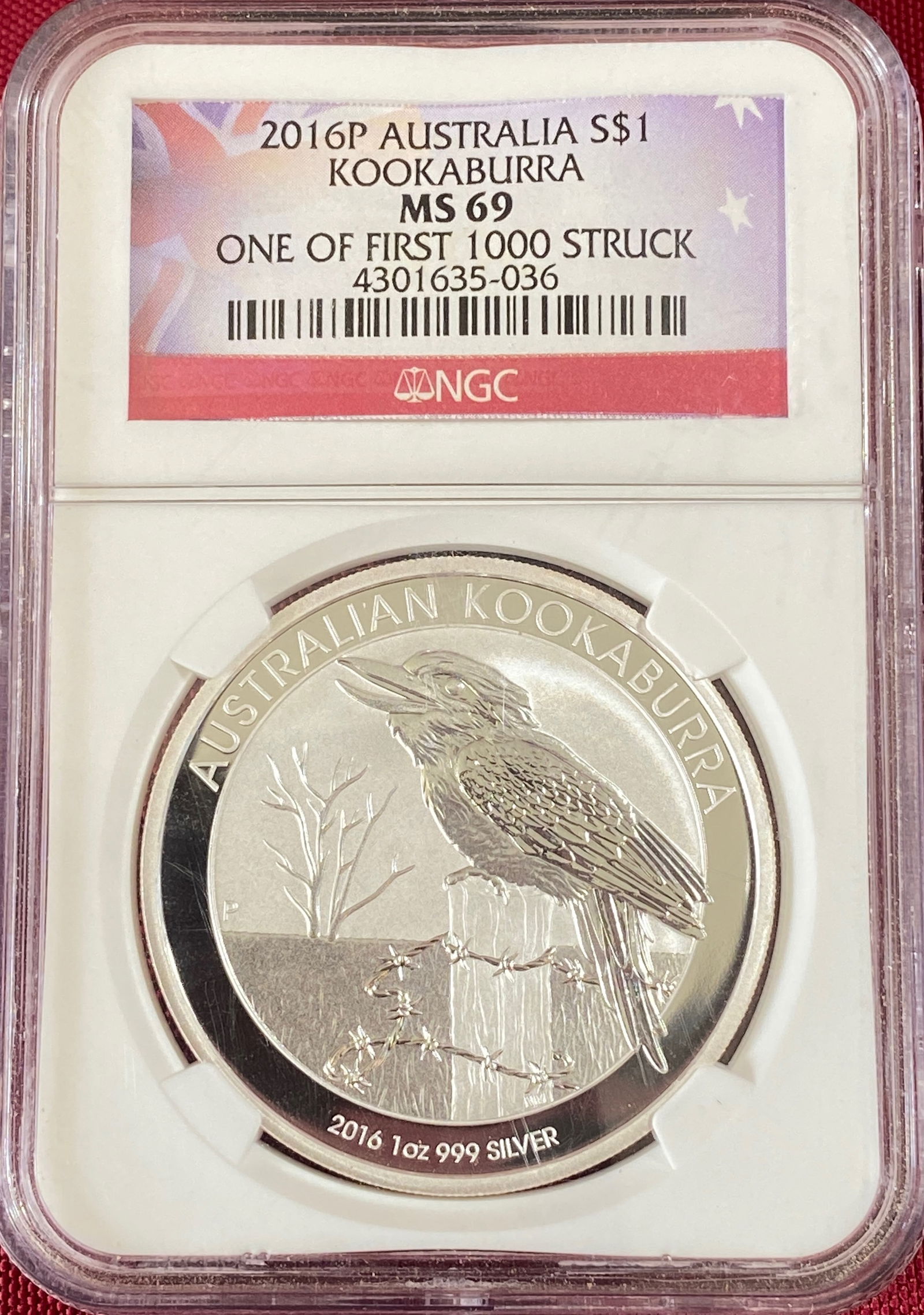 Graded 2016-P Australia One Ounce .999 Fine Silver Dollar - Kookaburra - 1 of First 100 Struck -: Graded 2016-P Australia One Ounce .999 Fine Silver Dollar - Kookaburra - 1 of First 100 Struck - MS69 by NGC