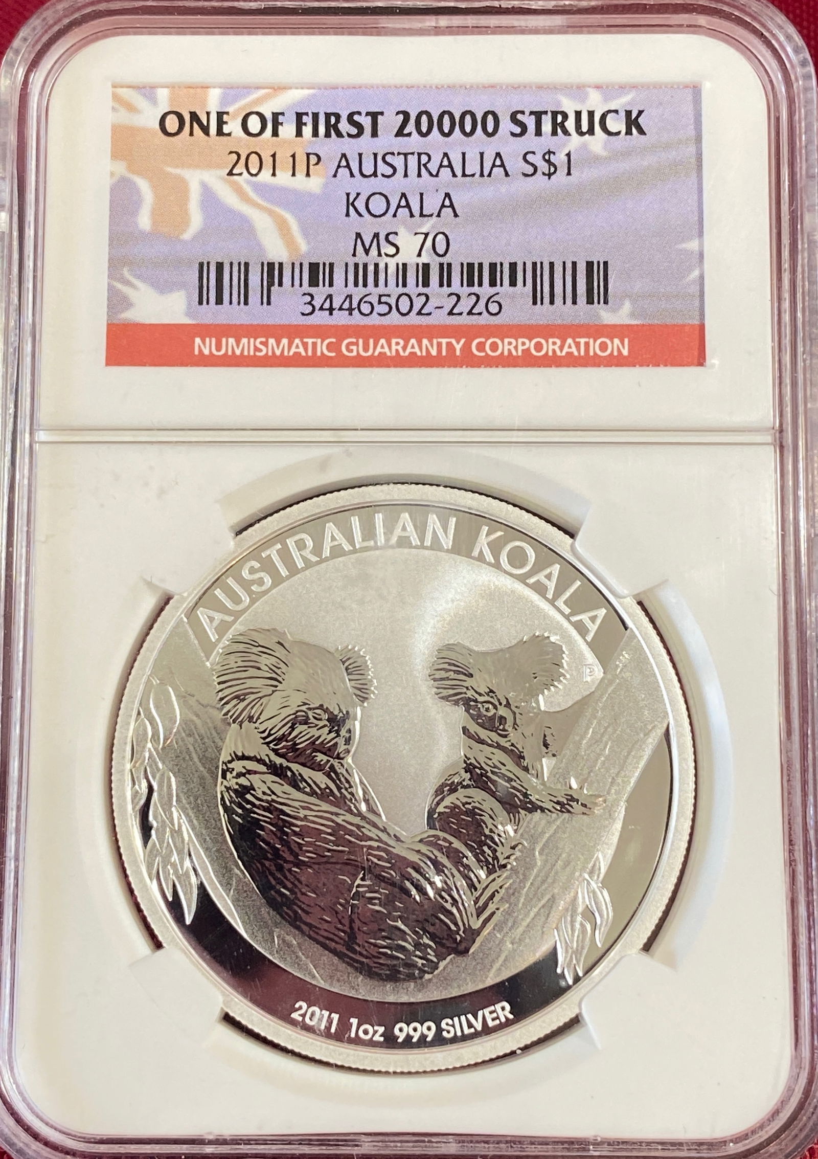 Graded 2011-P Australia One Ounce .999 Fine Silver - Koala - 1 of First 20,000 Struck - MS70 by NGC: Graded 2011-P Australia One Ounce .999 Fine Silver - Koala - 1 of First 20,000 Struck - MS70 by NGC