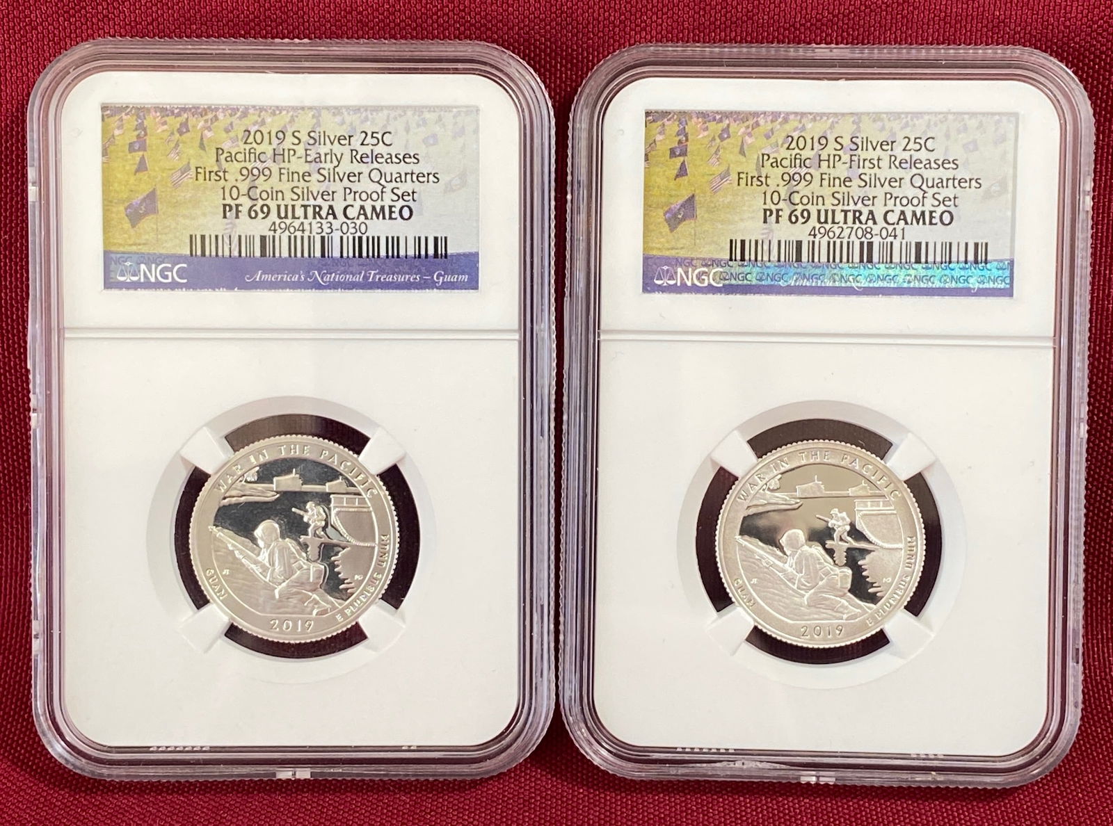 Two Graded 2019-S .999 Fine Silver National Treasures Quarters - War in the Pacific - Both Early: Two Graded 2019-S .999 Fine Silver National Treasures Quarters - War in the Pacific - Both Early Releasees PF69 Ultra Cameo by NGC
