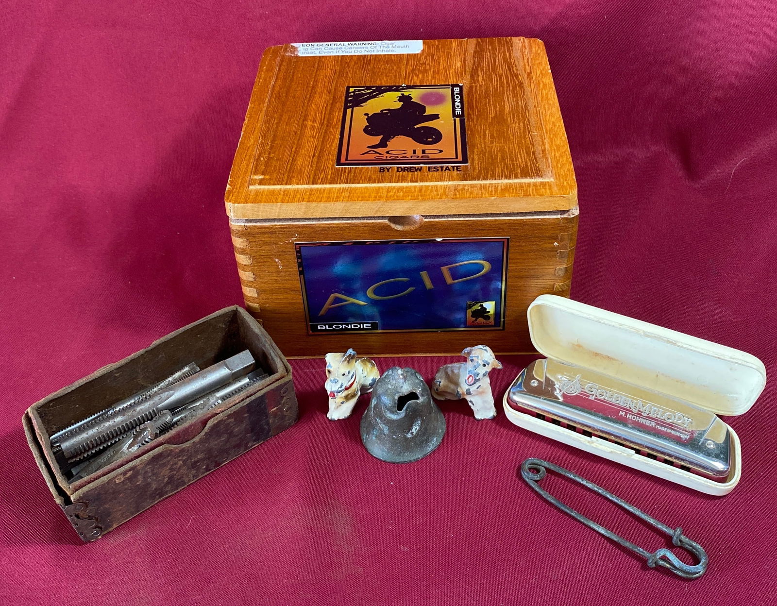Acid Cigars Wooden Advertising Box, Harmonica, Taps, Bits, Etc.: Acid Cigars Wooden Advertising Box, Harmonica, Taps, Bits, Etc.
