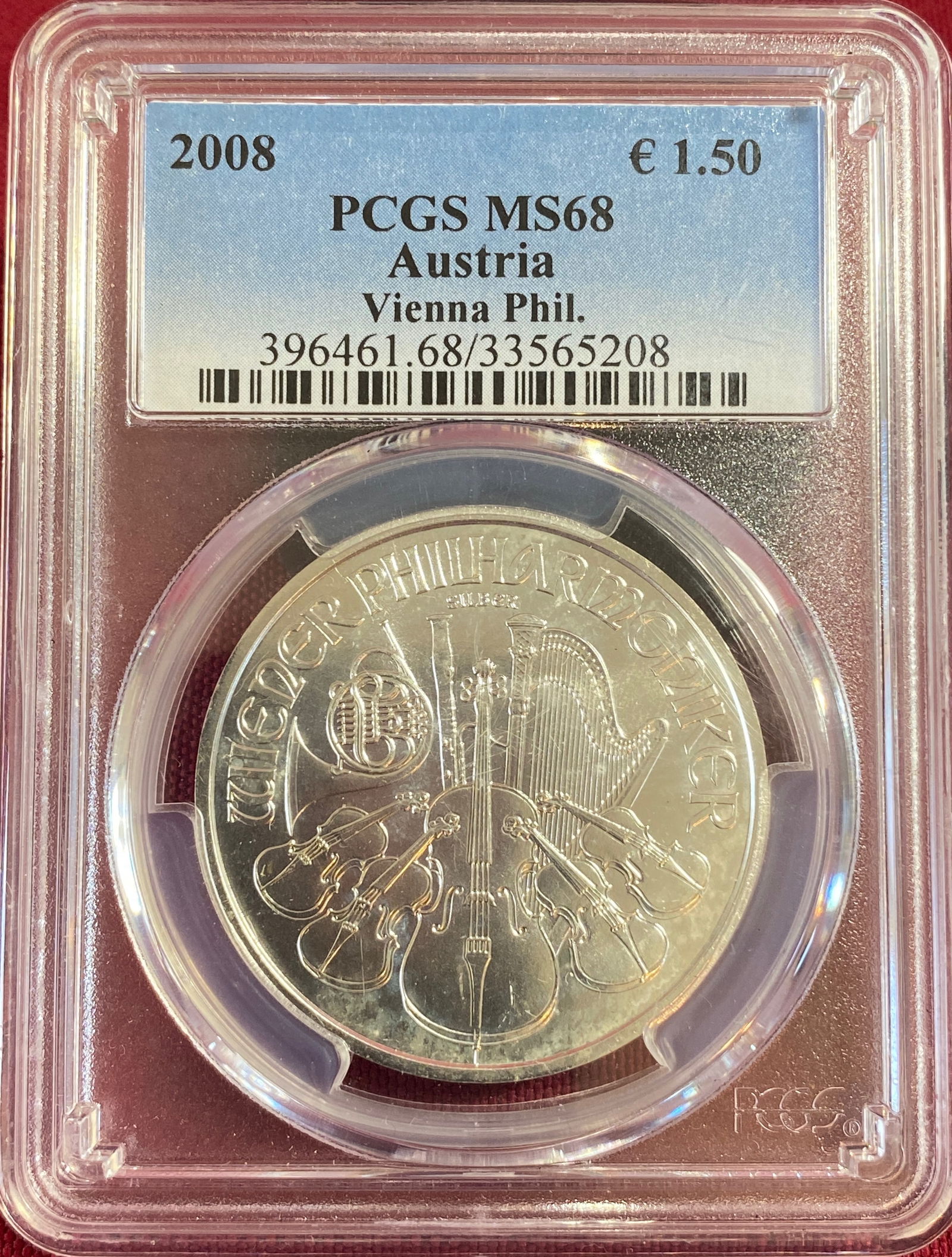 Graded 2008 Austria Philharmonics One Ounce .999 Fine Silver 1.50 Euros - MS68 by PCGS: Graded 2008 Austria Philharmonics One Ounce .999 Fine Silver 1.50 Euros - MS68 by PCGS