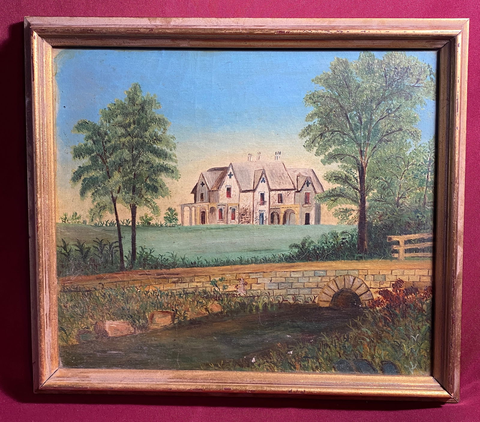 Antique Oil on Canvas Painting of Homestead & Landscape with Stream - Painting has Damage in One: Antique Oil on Canvas Painting of Homestead & Landscape with Stream - Painting has Damage in One Small Area as Shown in Photos - Overall 15.75"x14"