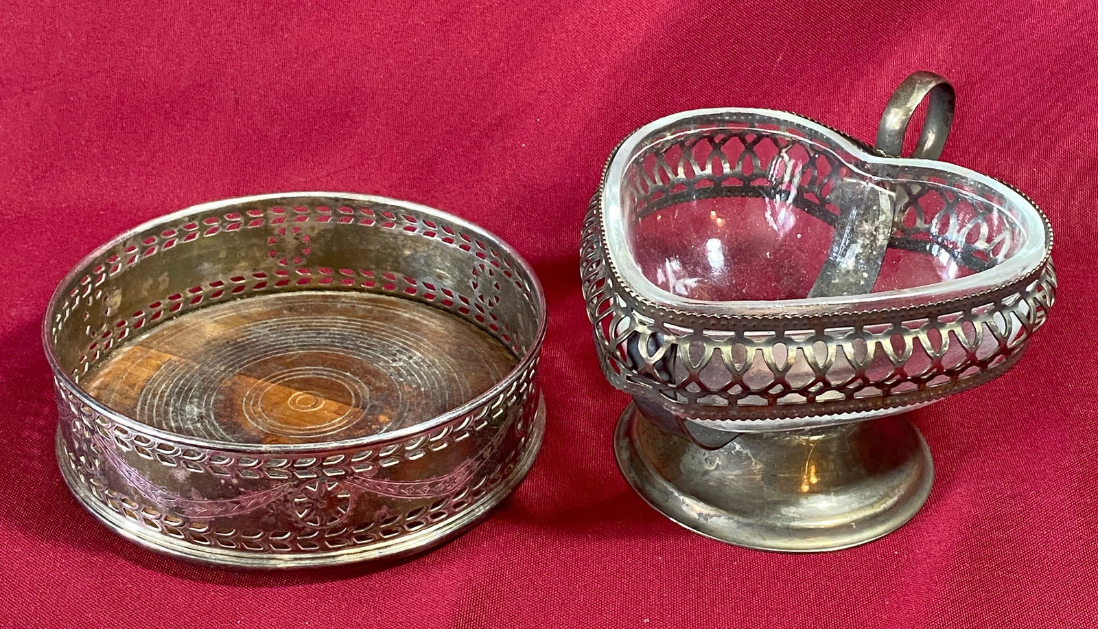 English Silver-Plated Champagne or Wine Bottle Coaster and English Heart Shaped Glass Dish with: English Silver-Plated Champagne or Wine Bottle Coaster and English Heart Shaped Glass Dish with Silver-Plate Holder