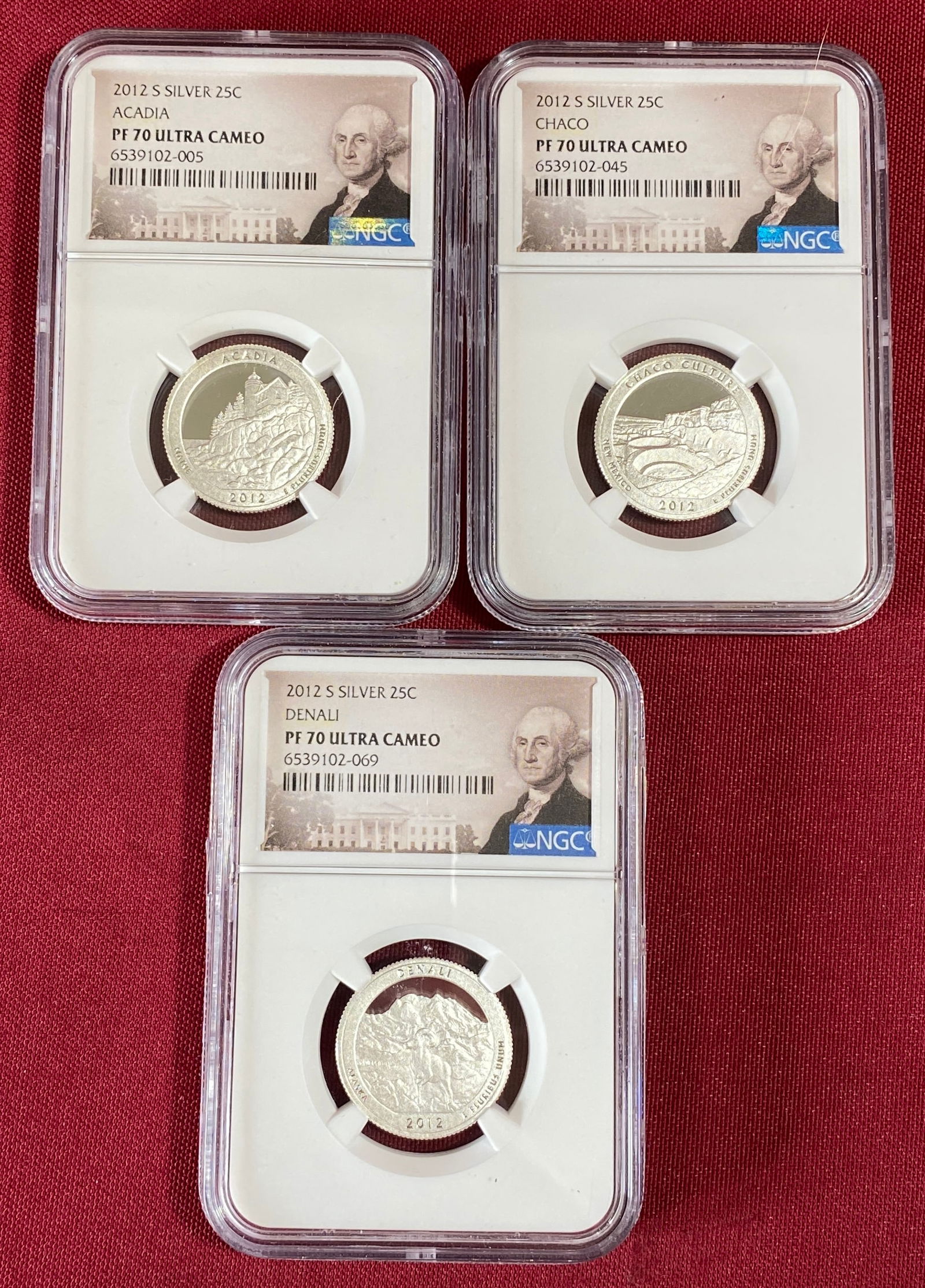 Three 2012-S NGC Graded PF70Ultra Cameo U.S. National Parks Silver Quarters - Chaco, Acadia, Denali: Three 2012-S NGC Graded PF70Ultra Cameo U.S. National Parks Silver Quarters - Chaco, Acadia, Denali