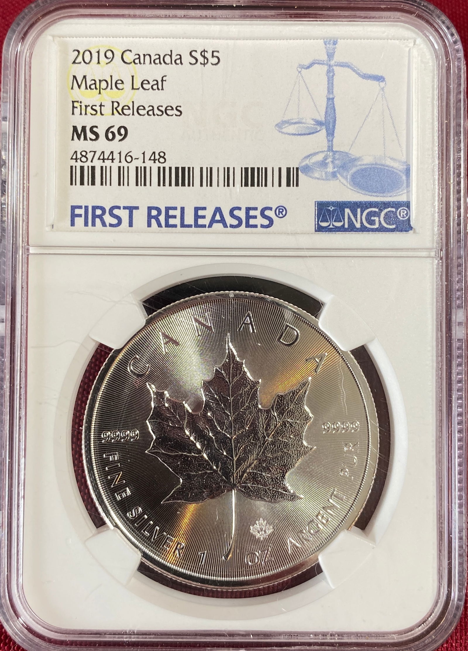 Graded 2019 Canada One Ounce .999 Five Silver $5 Dollar Coin - Maple Leaf - First Releases - MS69 by: Graded 2019 Canada One Ounce .999 Five Silver $5 Dollar Coin - Maple Leaf - First Releases - MS69 by NGC
